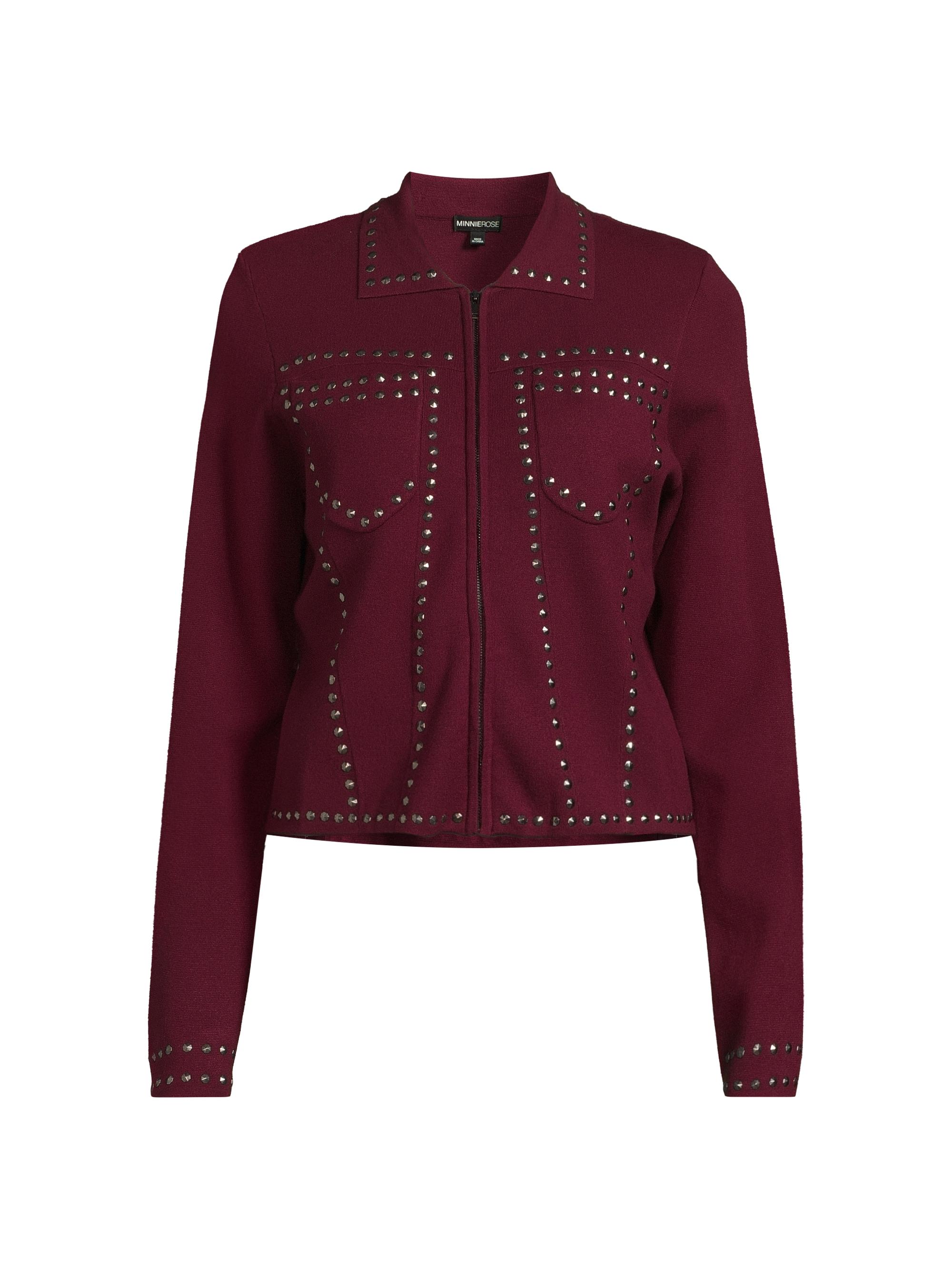 Minnie Rose Women's Studded Trucker Zip Jacket - Bordeaux