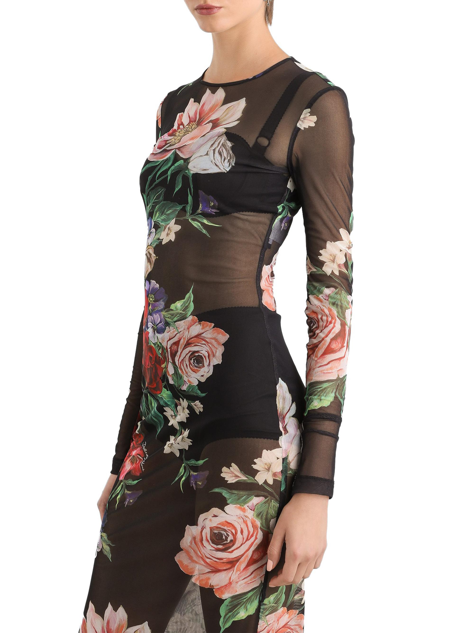 Dolce & Gabbana Women's Floral Sheer Mesh Midi-Dress - Charcoal | Thumbnail 4