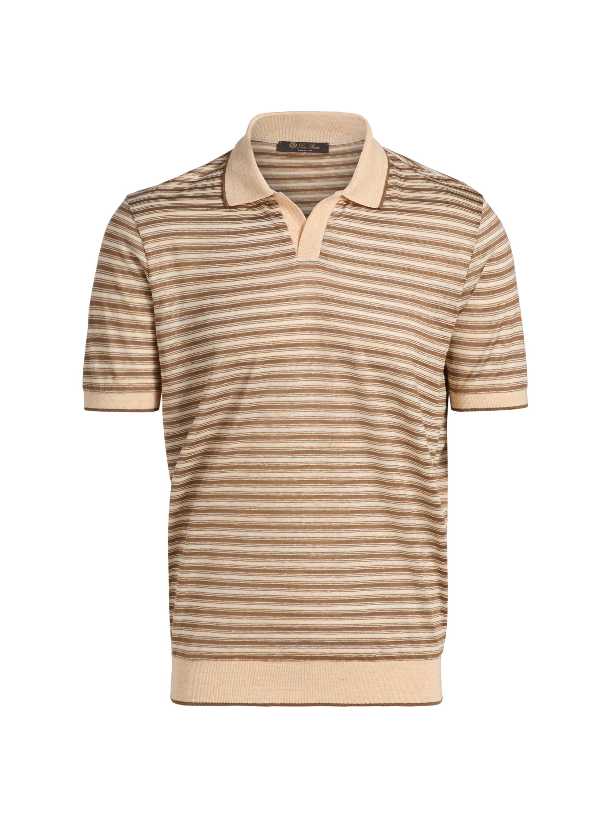 Loro Piana Men's Elvo Silk-Linen Striped Polo Shirt - Camel Fancy