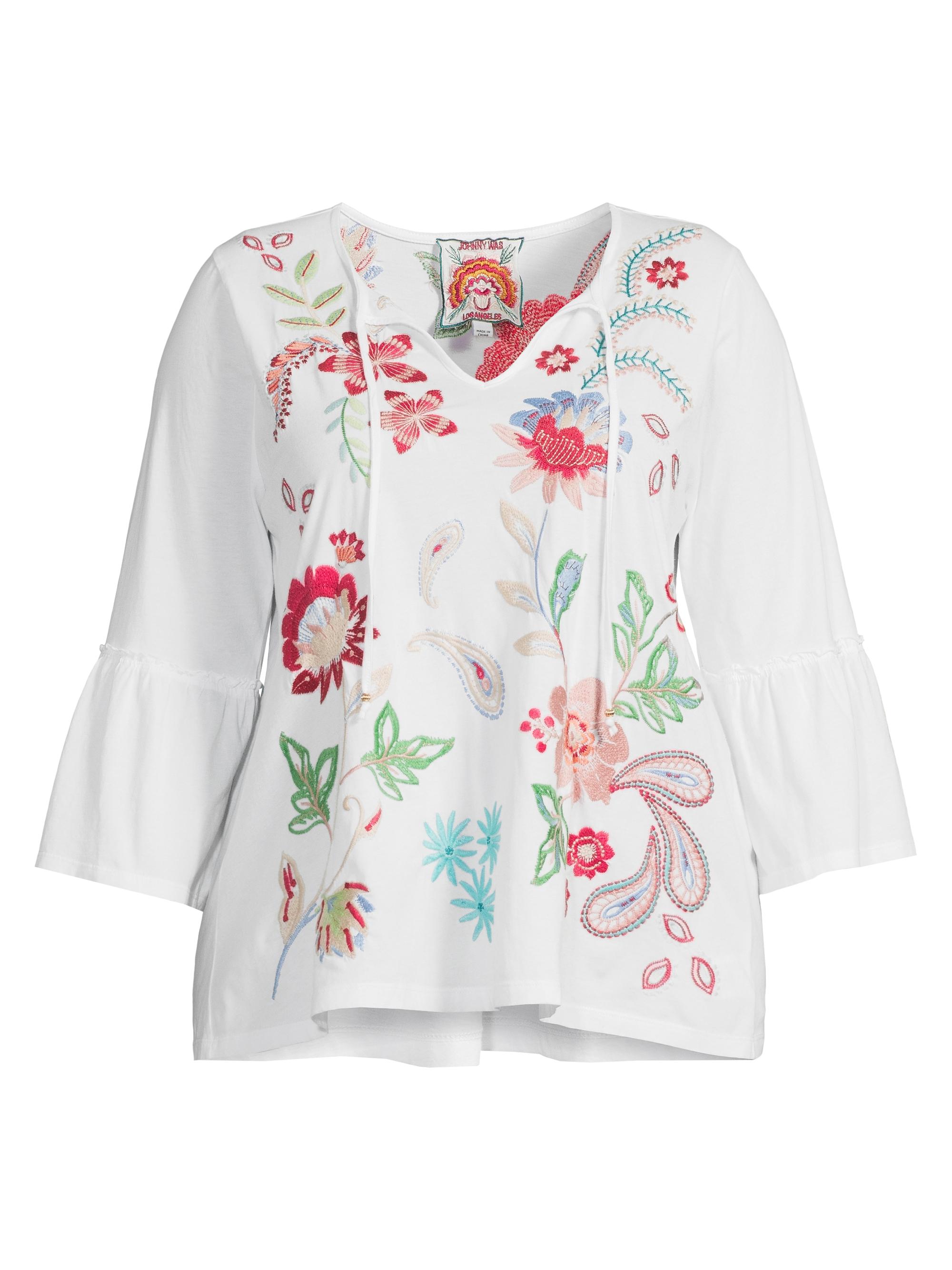 Johnny Was Women's Plus Embroidered Ruffle-Sleeve Top - White