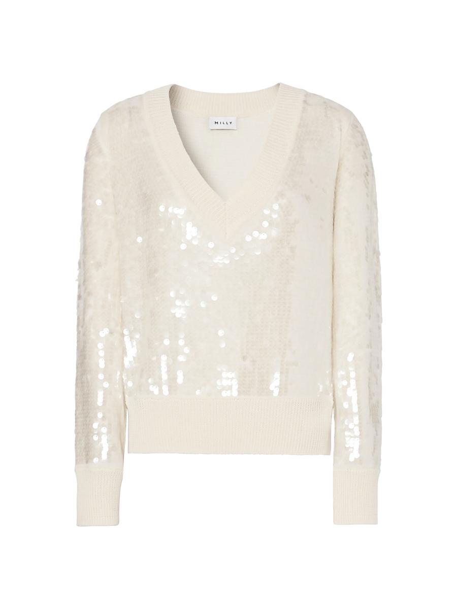 Milly Women's Ilaria Sequined V-neck Sweater In Sand