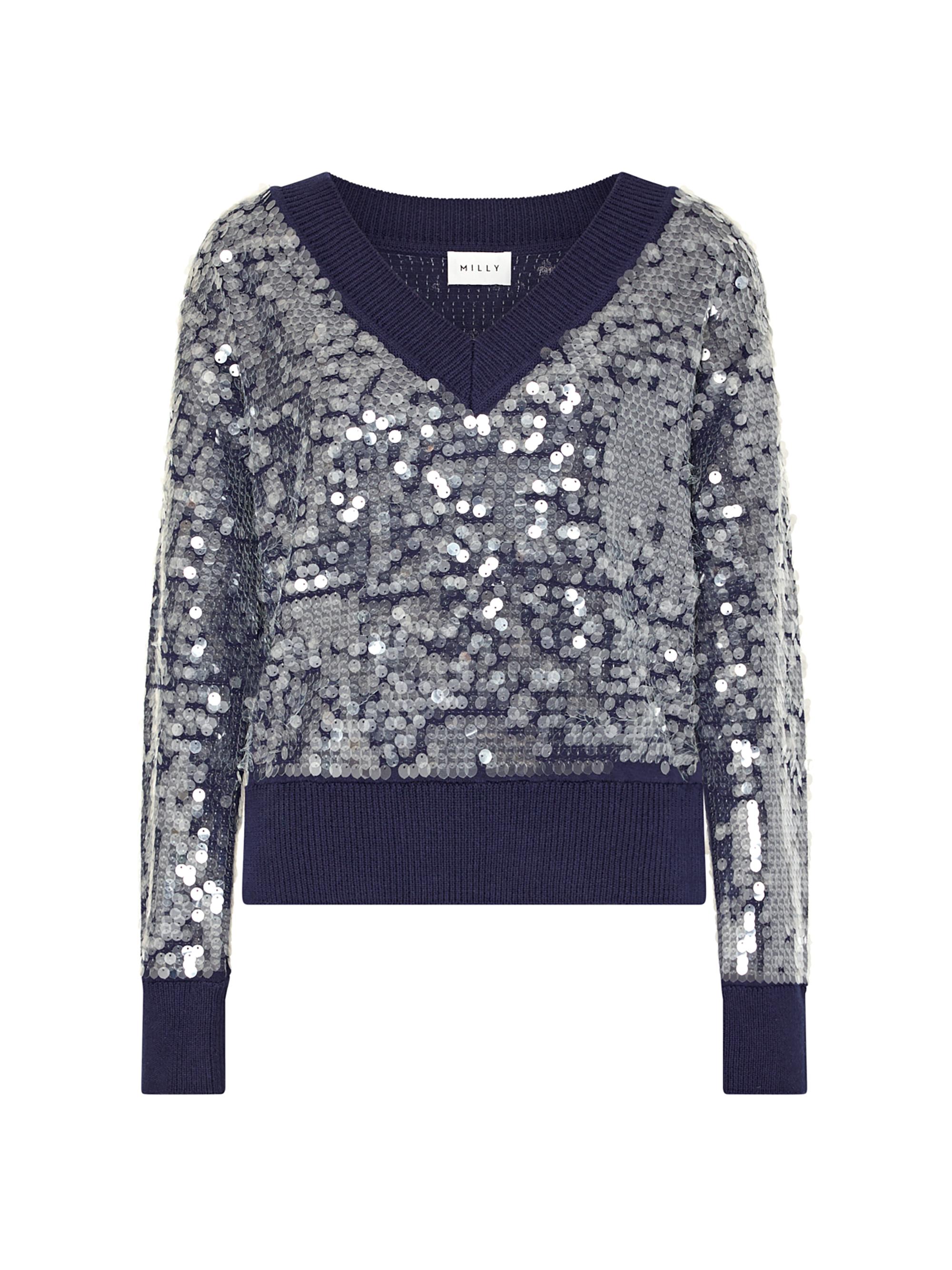 Milly Women's Ilaria Sequined V-Neck Sweater - Navy