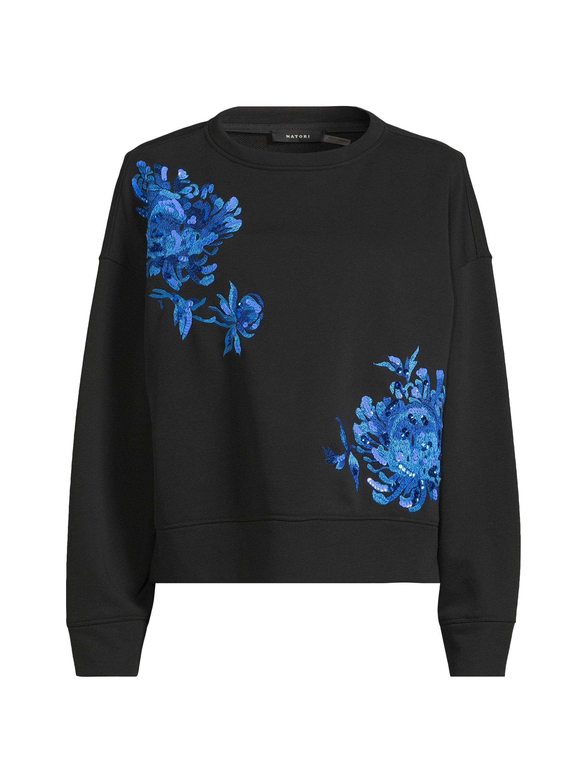Natori Women's French Terry Floral-Embroidered Cotton-Blend Sweater - Black