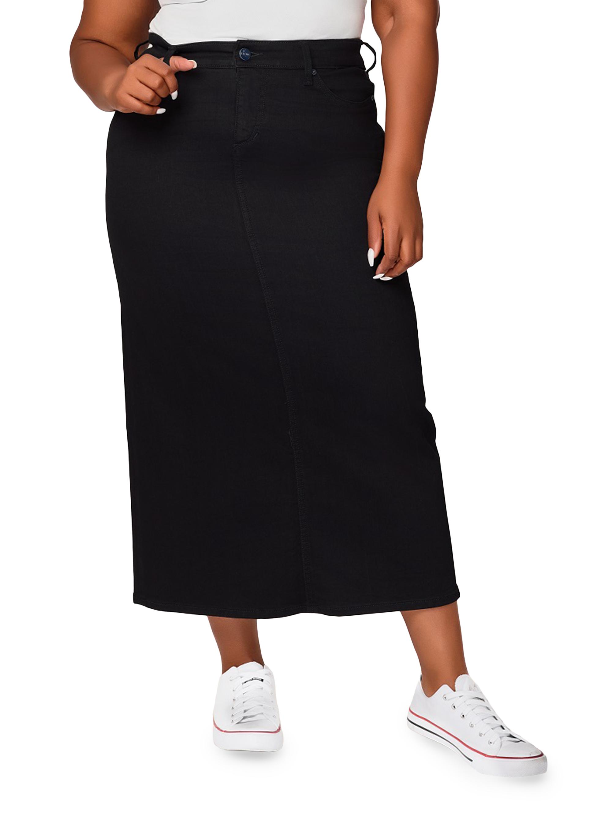 Slink Jeans Women's Stretch Cotton-Blend Denim Side-Slit Maxi Skirt - Black