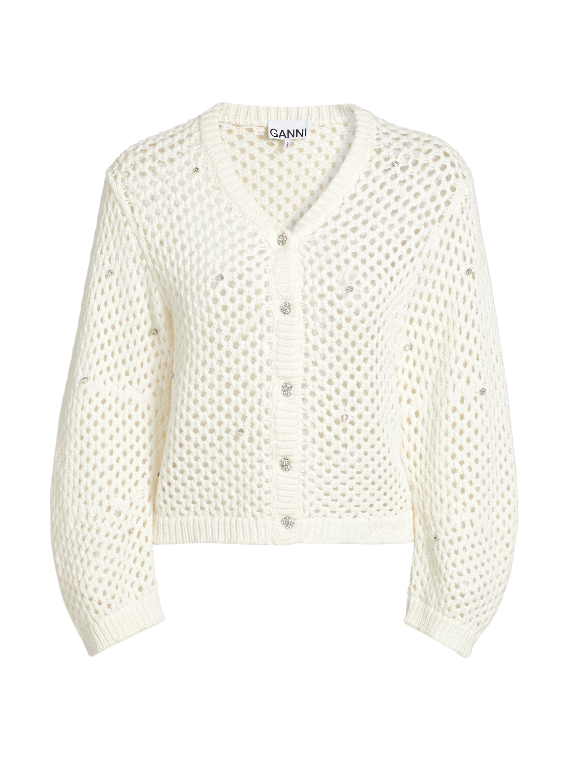 GANNI ホワイトカーディガン Ganni Rhinestone Cotton Pointelle Cardigan | Saks Fifth Avenue
