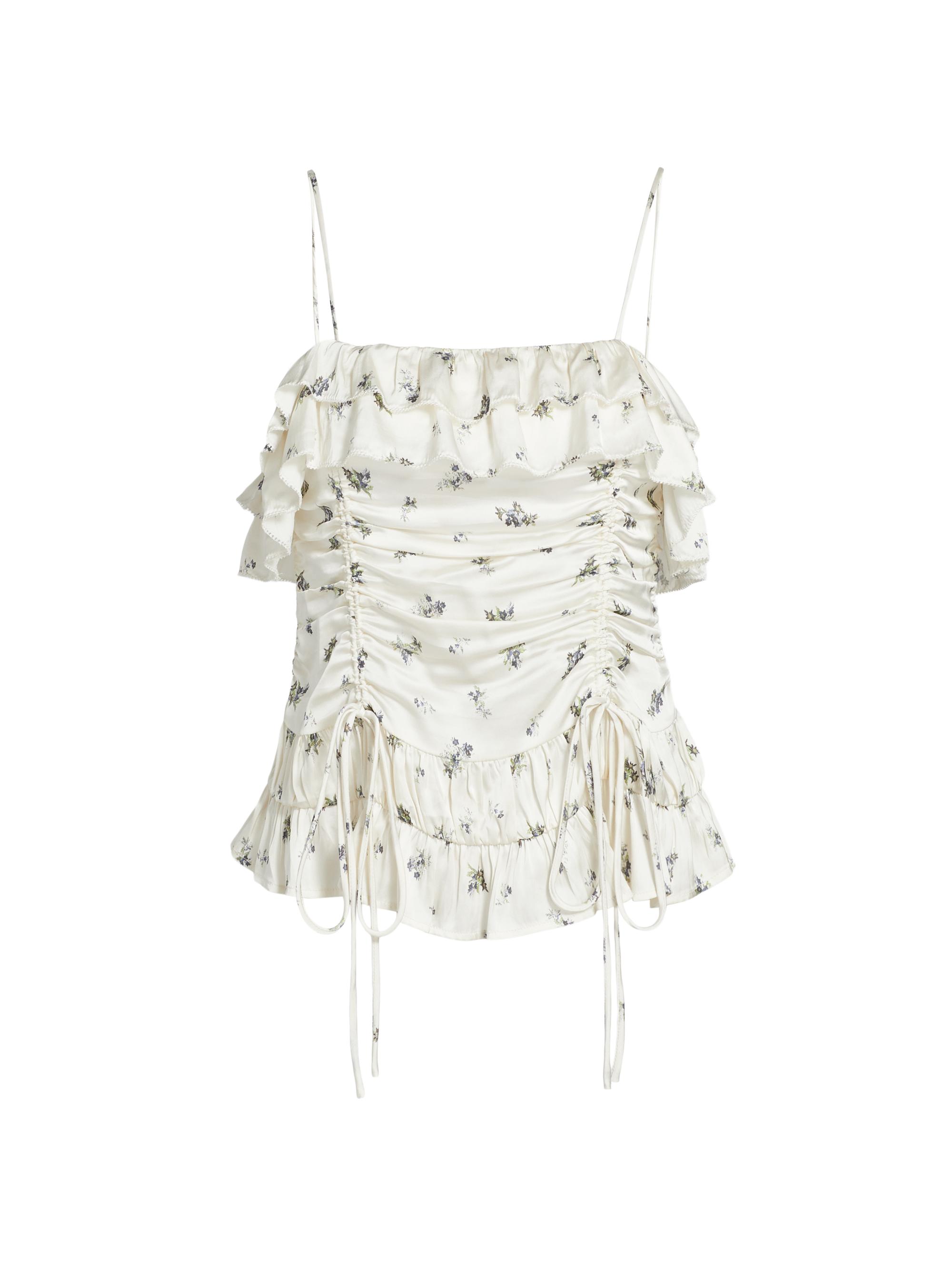 Ganni Women's Floral Gathered Ruffle Top - Egret