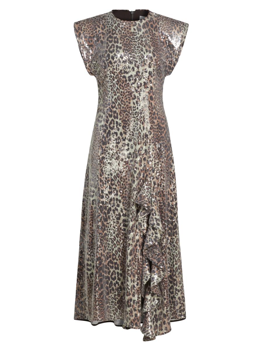 ワンピース Ganni SS25 LONG DRESS SEQUIN LEO (T41813695 943) Leopard Leopard Stretch Sequins Long Dress | GANNI US