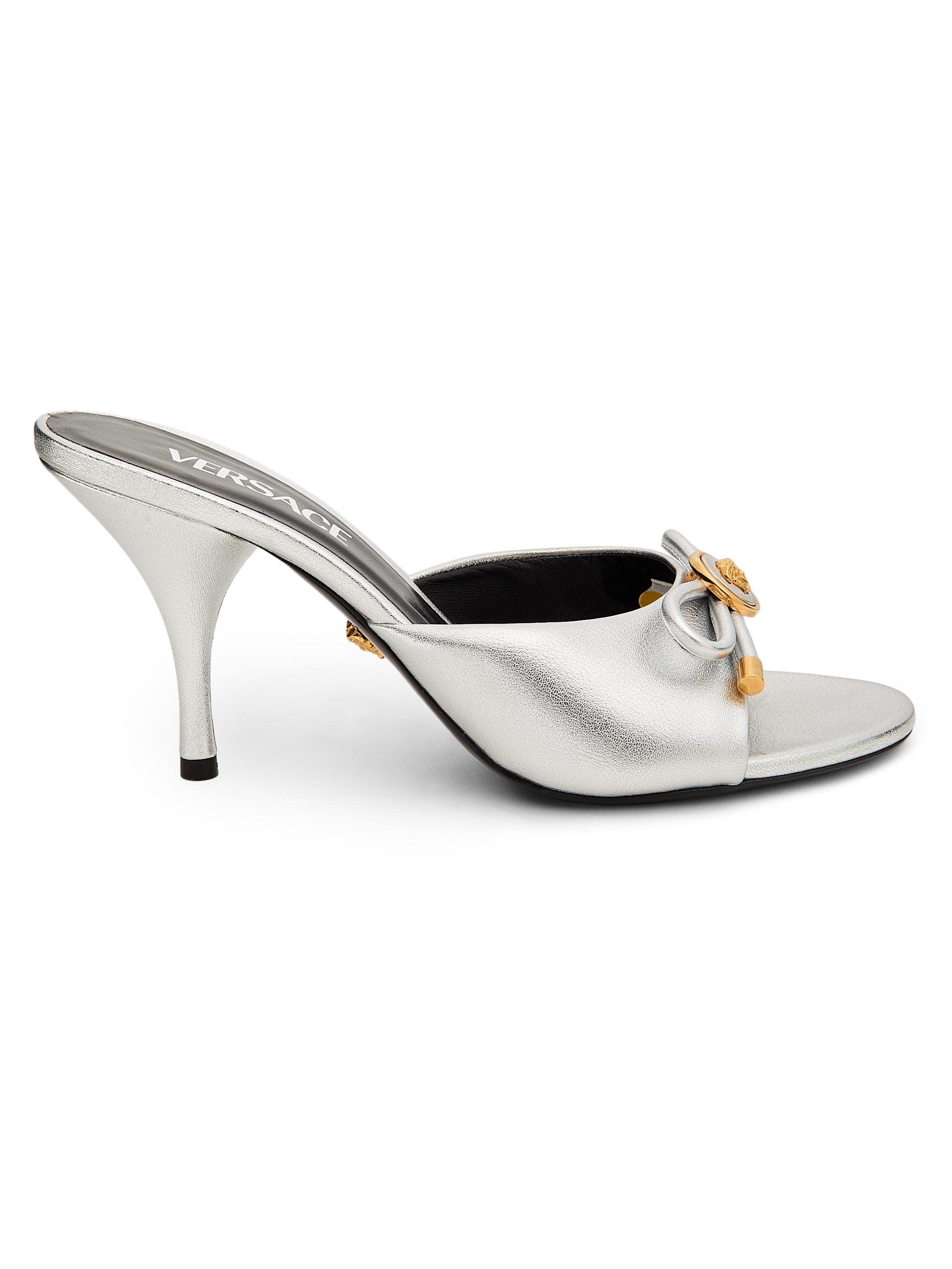 Versace Women's 5MM Leather Mule Heels - Silver  Gold