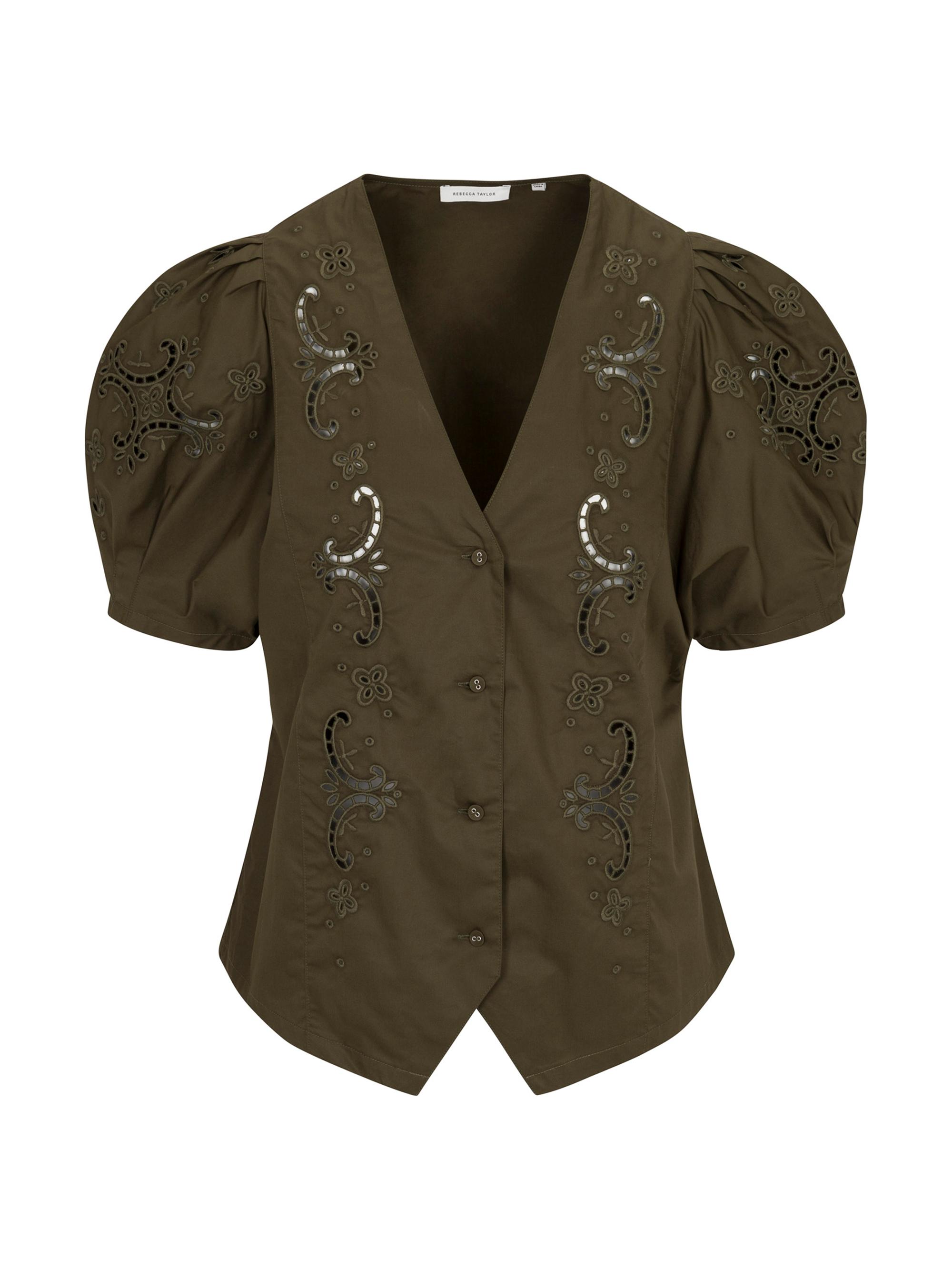 Rebecca Taylor Women's Raquel Embroidered Cotton Short-Sleeve Shirt - Olive