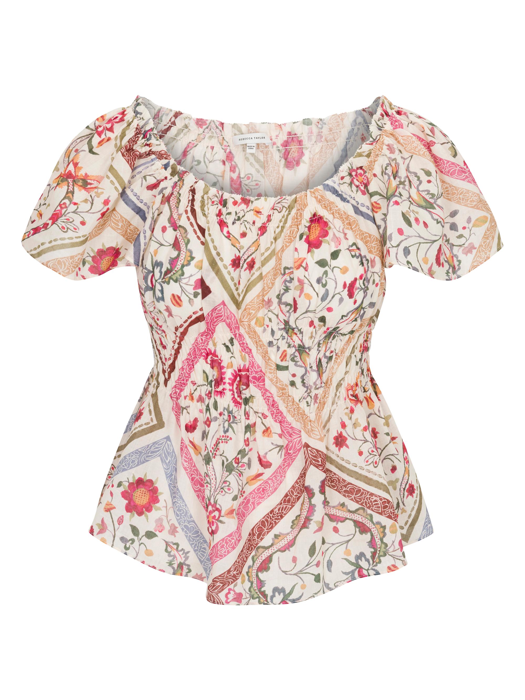 Rebecca Taylor Women's Anya Floral Ramie Short-Sleeve Top - Montage Floral  Combo