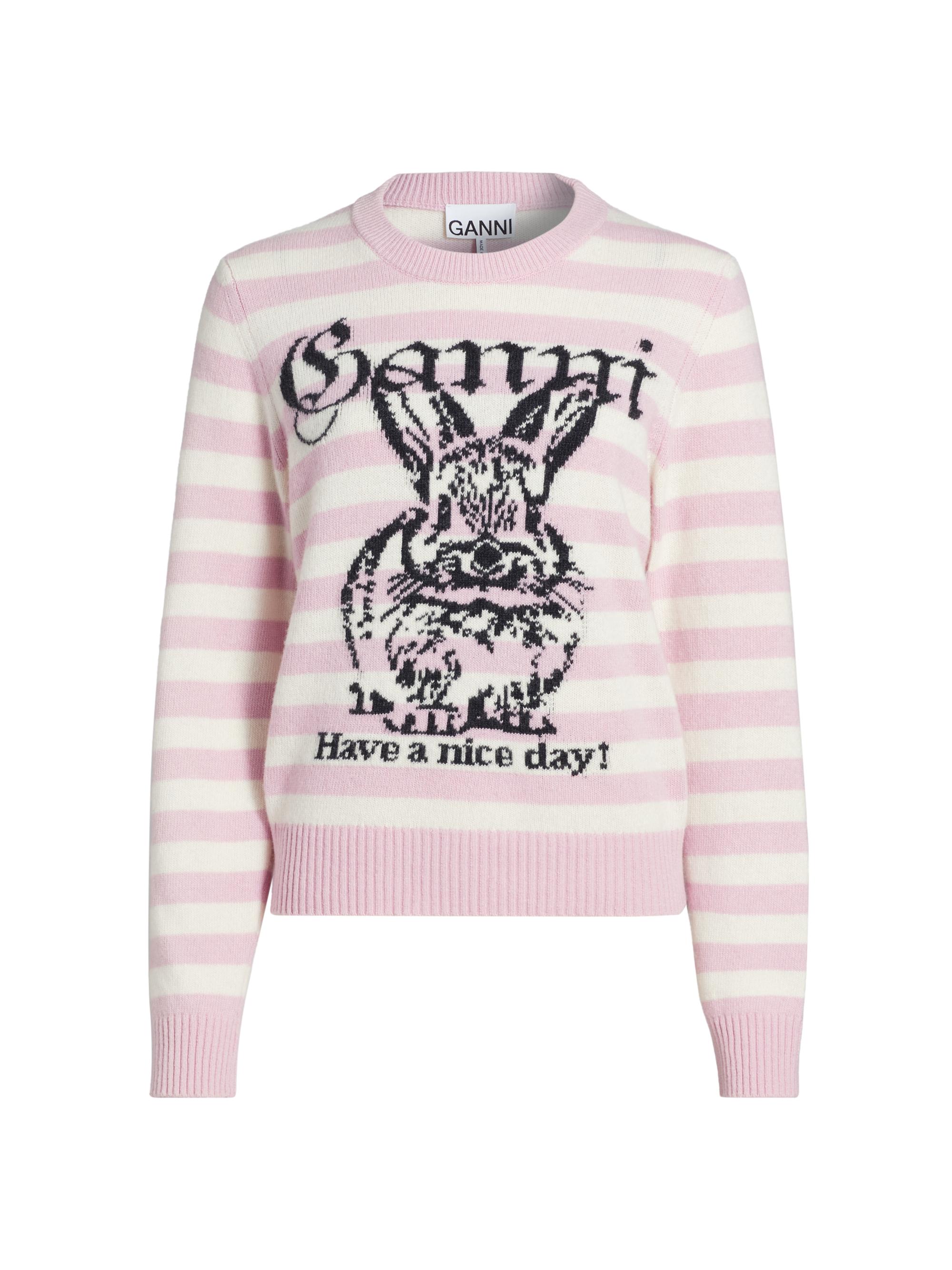 Ganni Women's Striped Graphic Bunny Crewneck Sweater - Primrose Pink