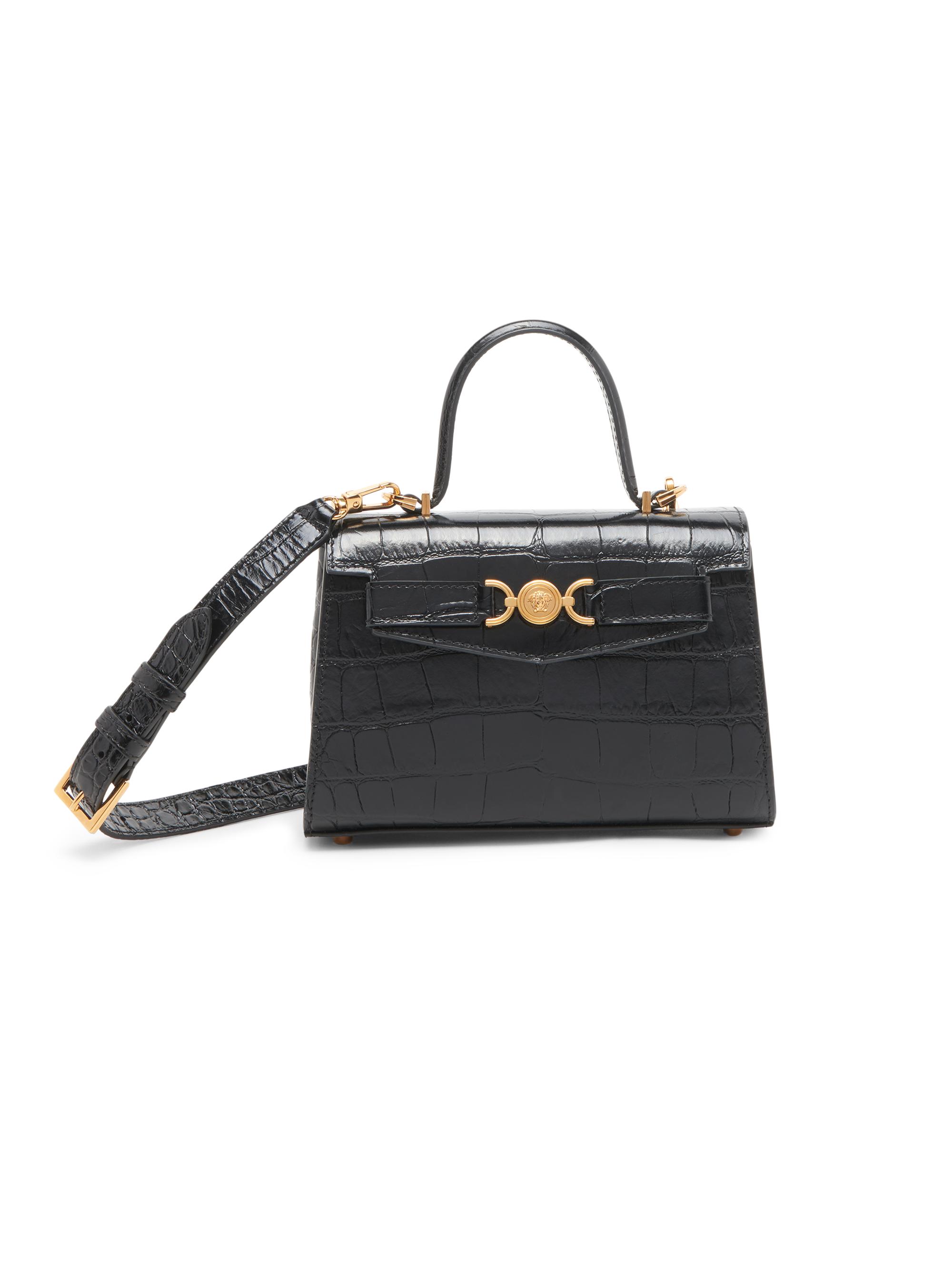 Versace Women's  Croc-Embossed Leather Top Handle Bag - Black  Gold