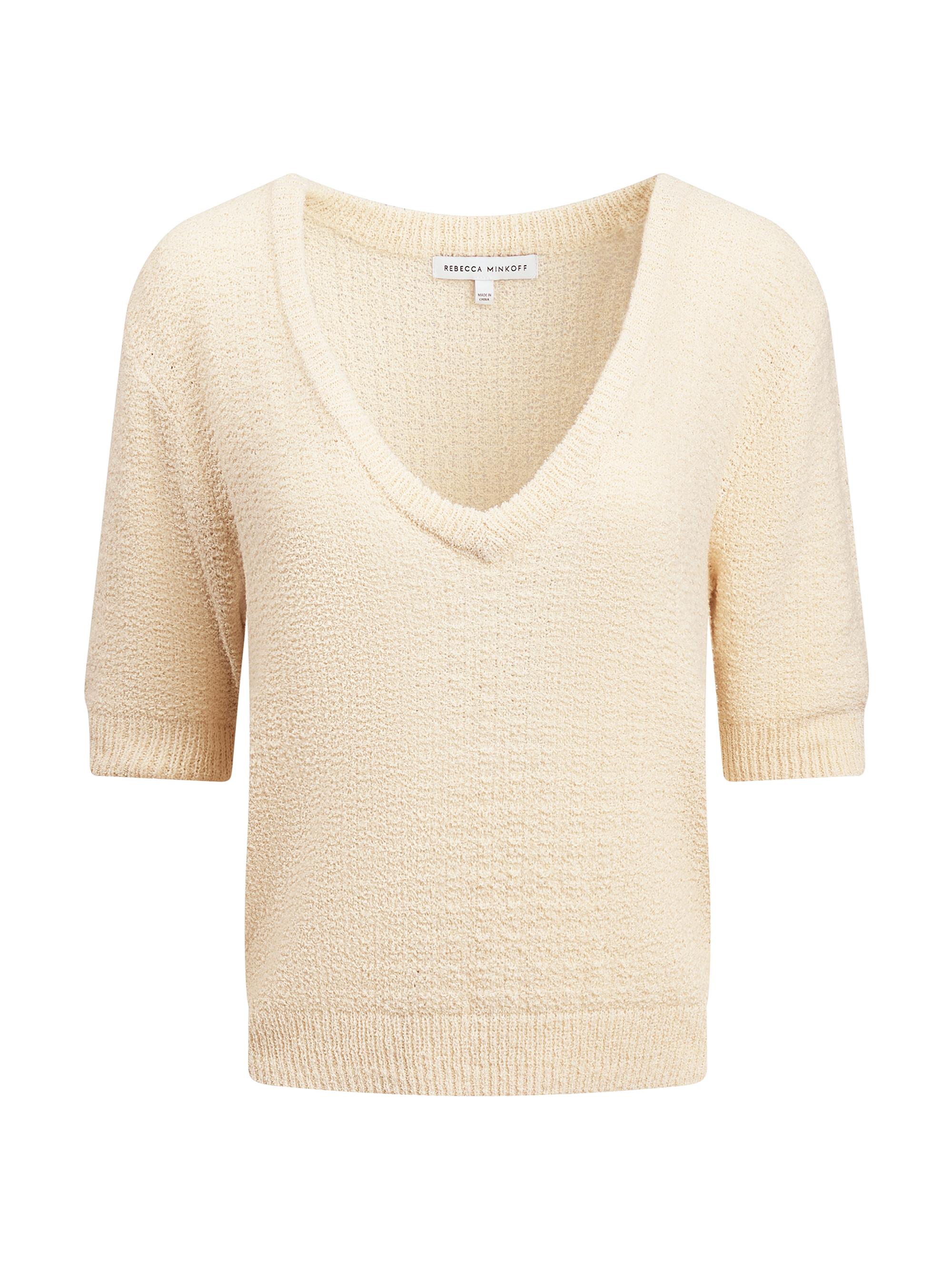 Rebecca Minkoff Women's Audrey Bouclé V-Neck Short-Sleeve Sweater - Chalk