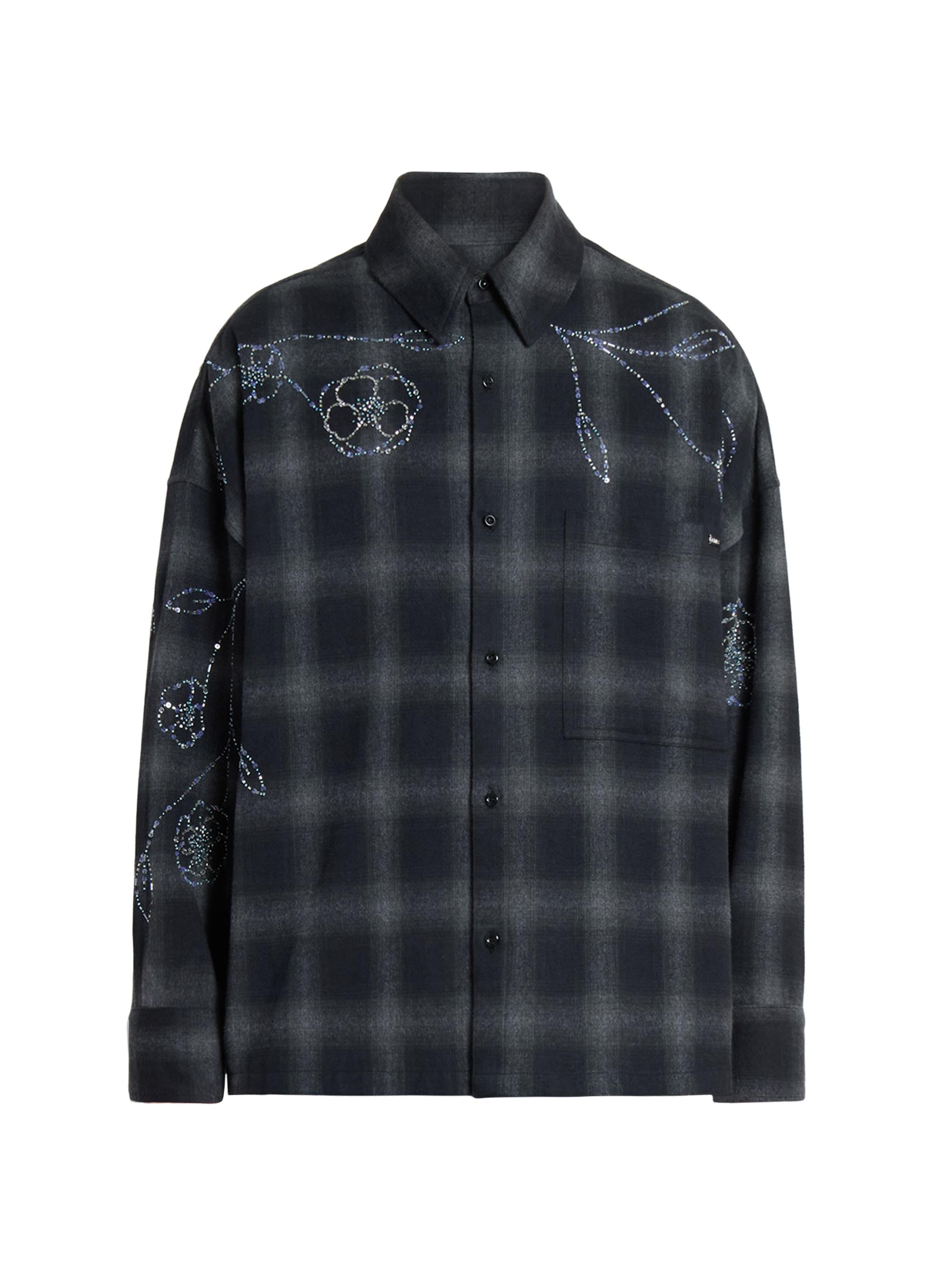Nahmias Men's Physical Education Plaid Beaded Oversized Shirt - Black Rayon