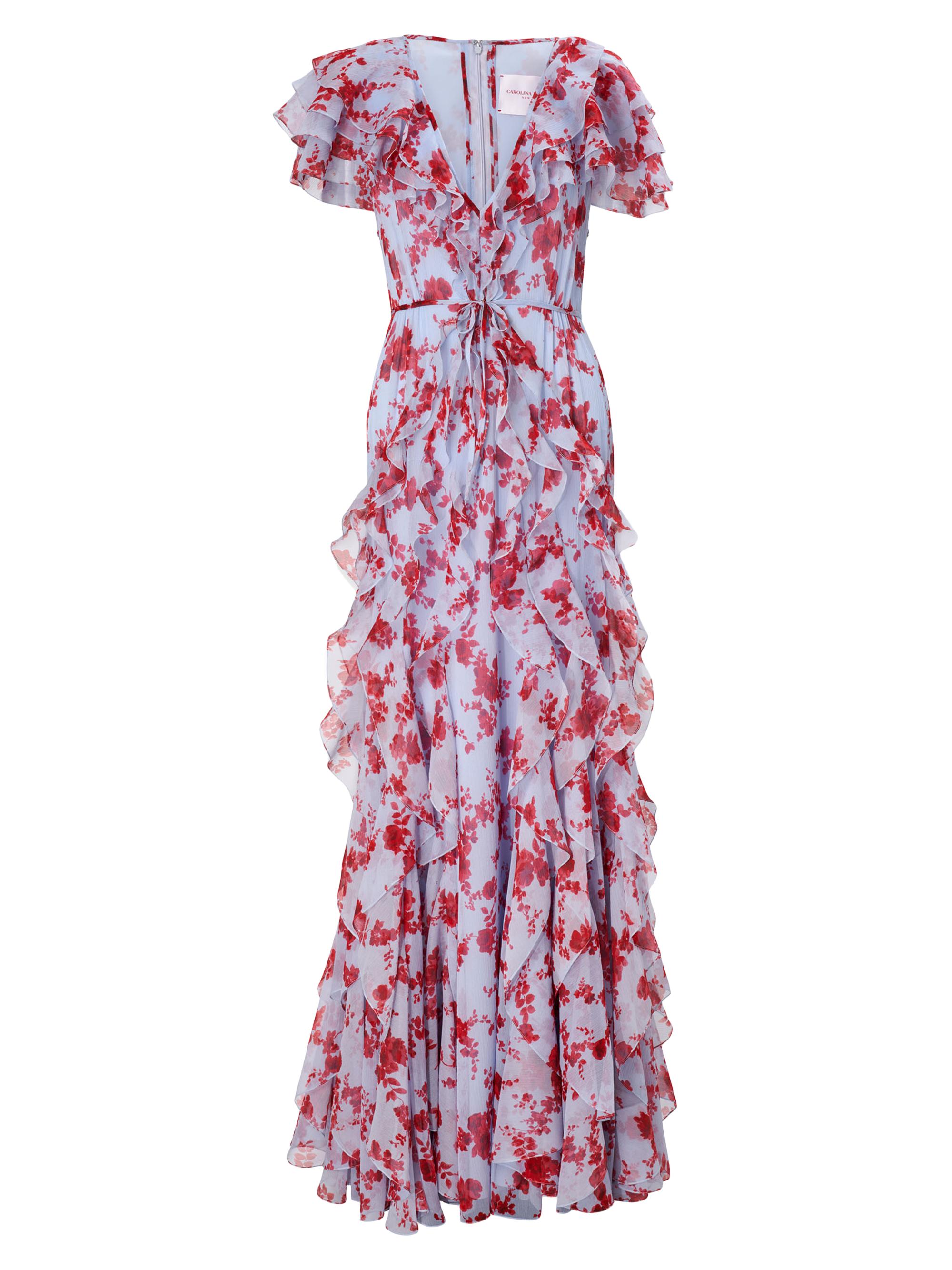 Carolina Herrera Women's Cabana Floral Silk Ruffled V-Neck Gown - Celeste Multi