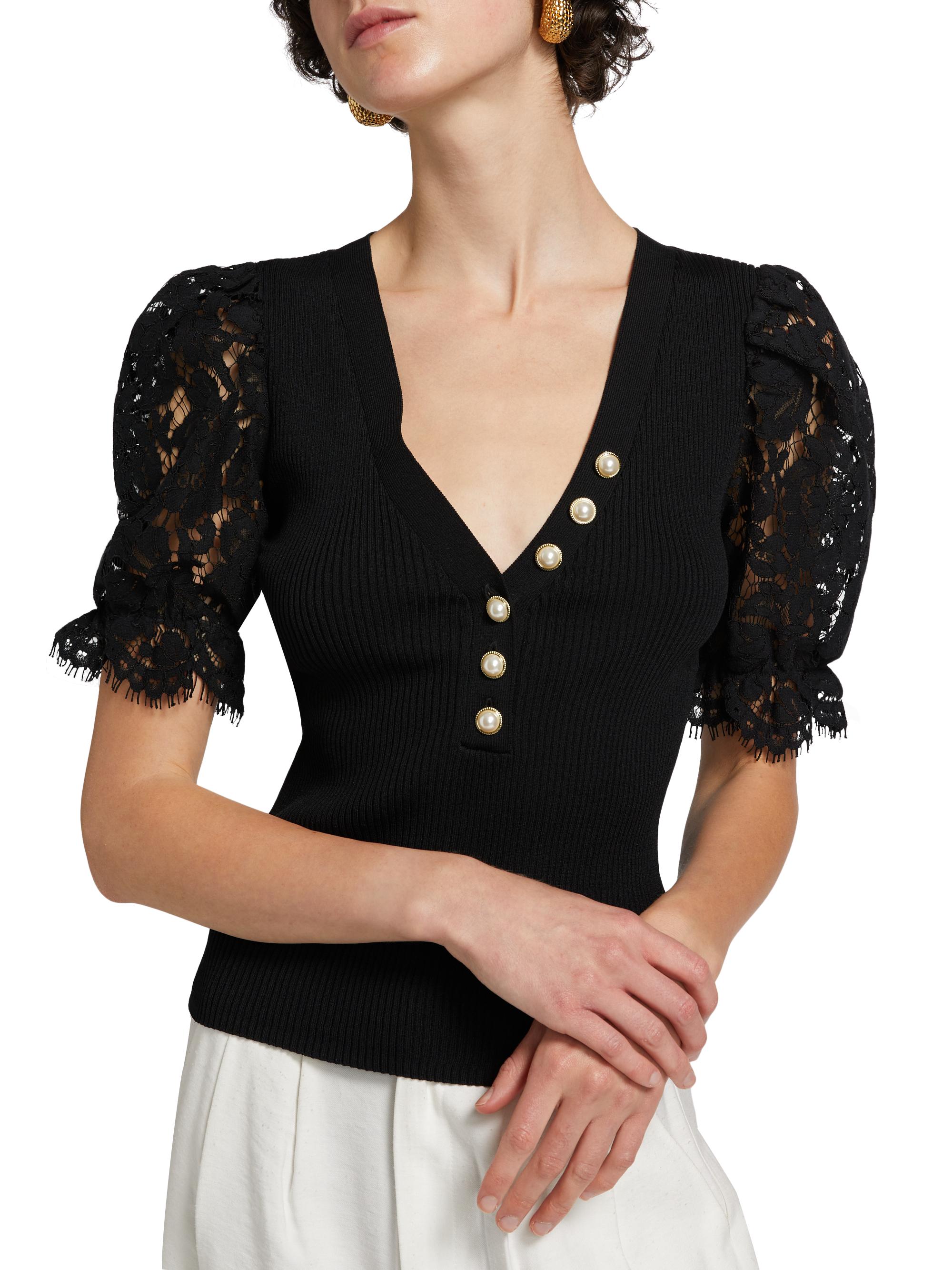 Generation Love Meryl Lace-Sleeve Rib-Knit Top | Saks Fifth
