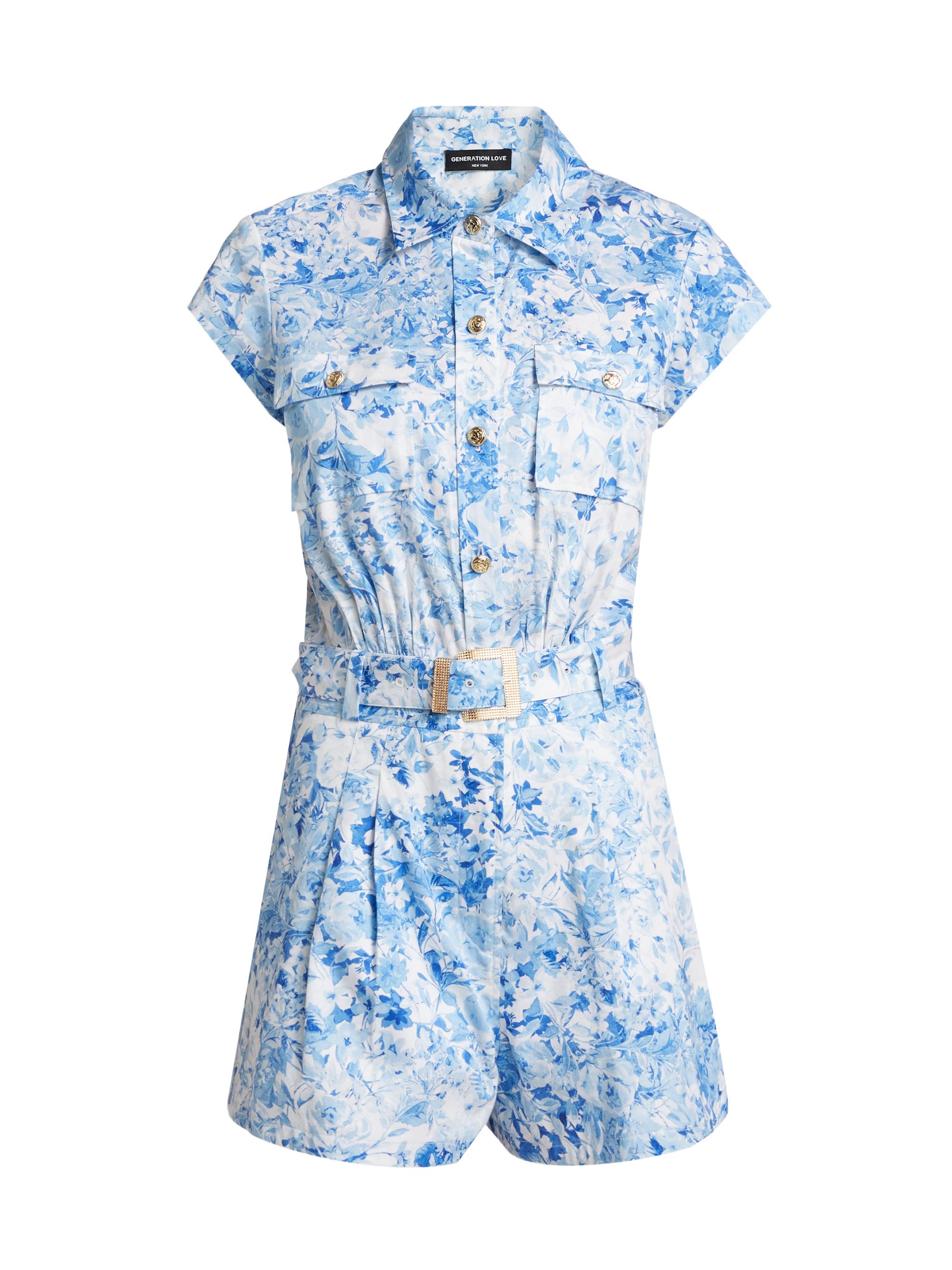 Generation Love Women's Morgan Floral Poplin Romper - Zesty Floral White Blue