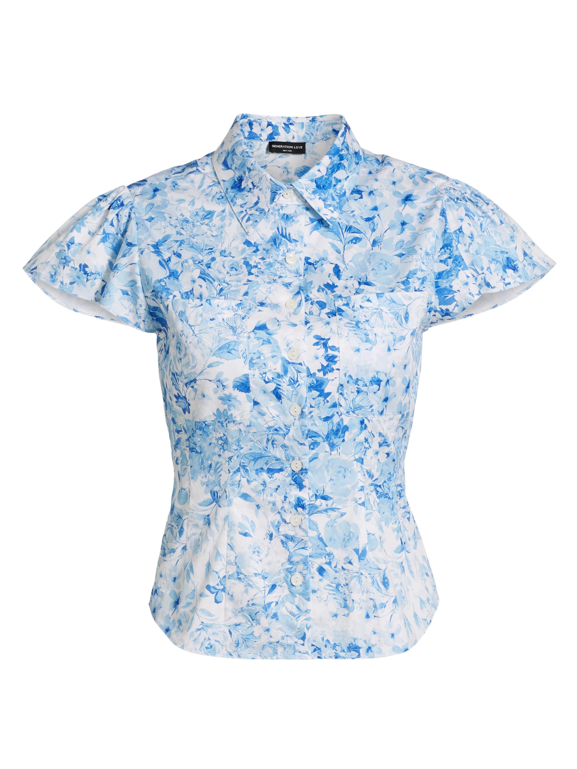 Generation Love Women's Francesca Floral Poplin Cap-Sleeve Shirt - Zesty Floral White Blue