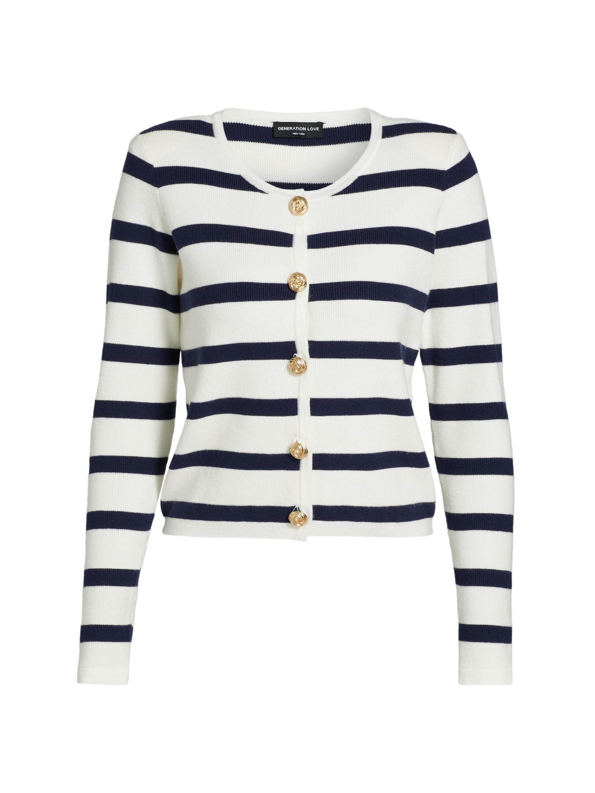 Generation Love Women's Logan Striped Crop Cardigan - White Navy