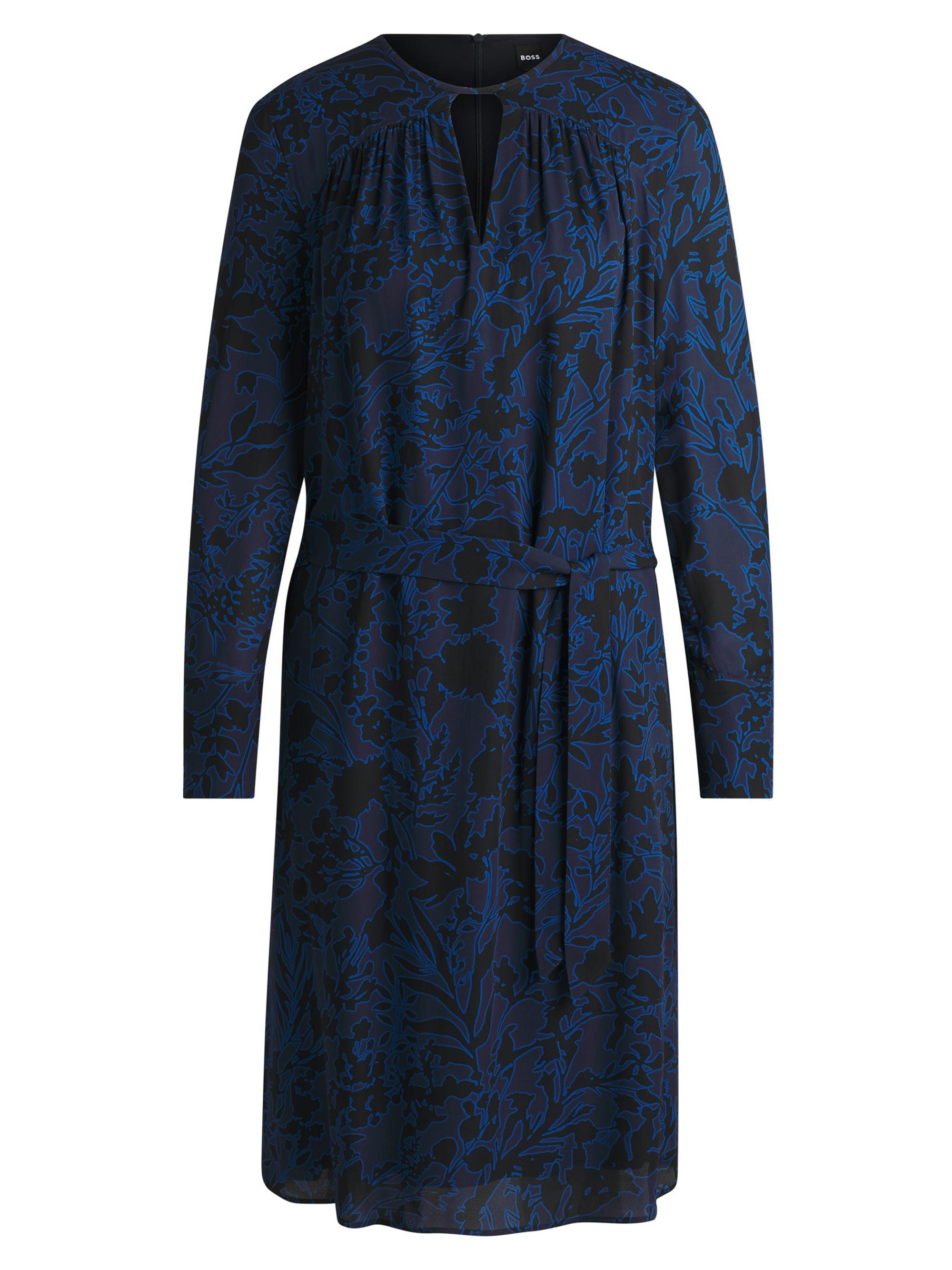 BOSS Women's Long-Sleeved Dress with Floral Print and Belt - Blue