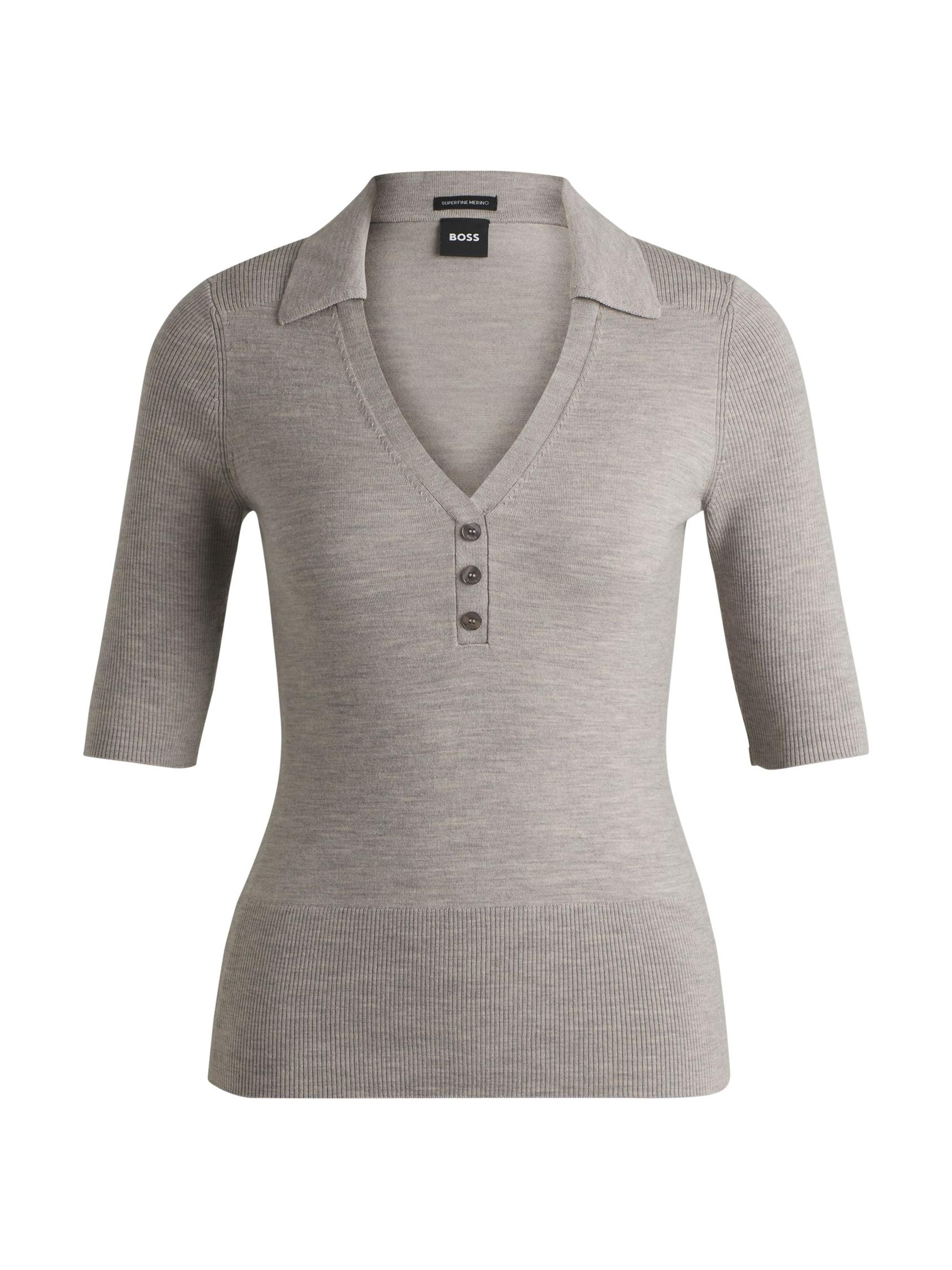 BOSS Women's Short-Sleeved Knit Polo in Wool-Blend - Grey
