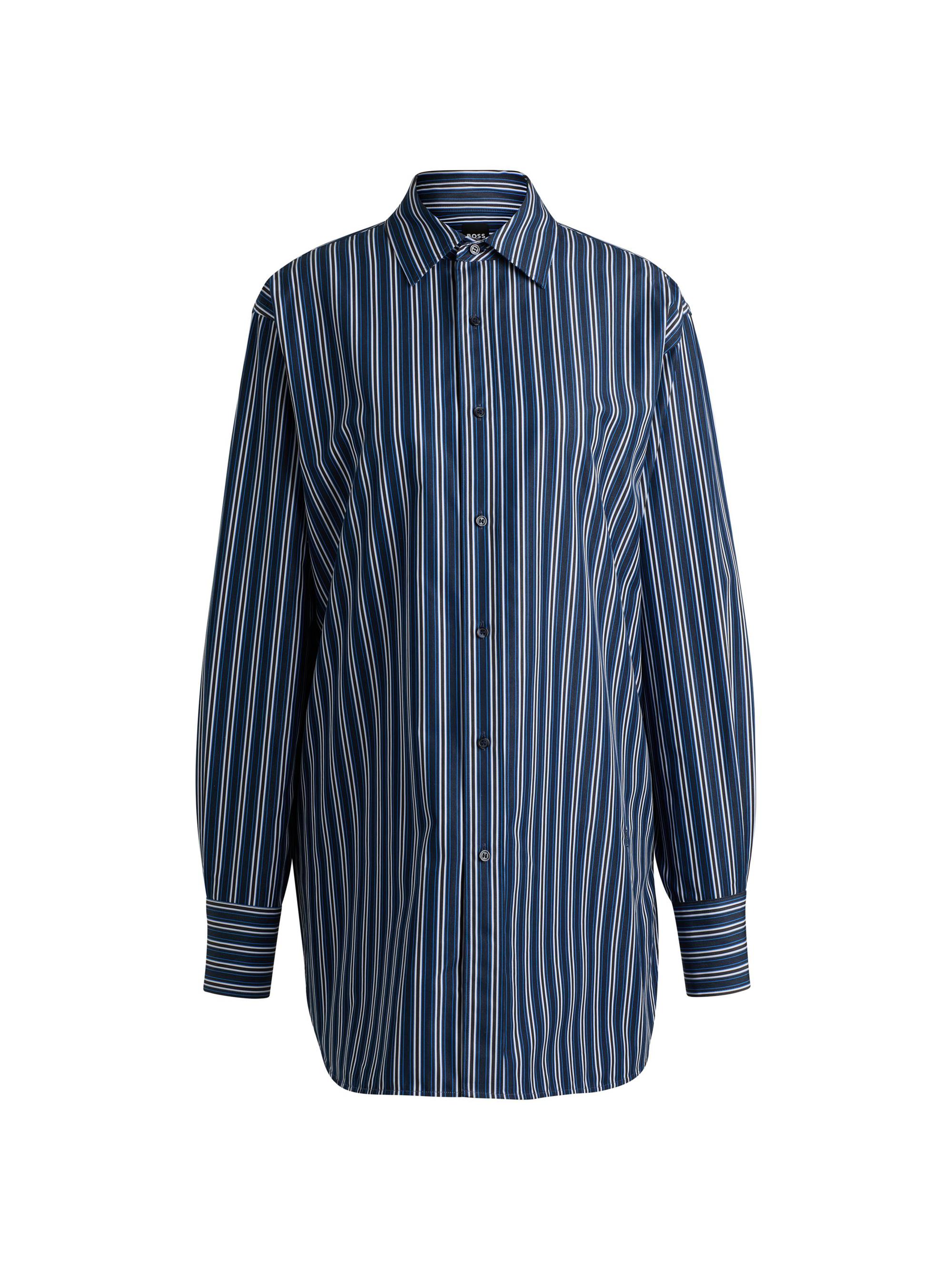BOSS Women's Slim-Fit Shirt in Striped Cotton with Monogram - Blue