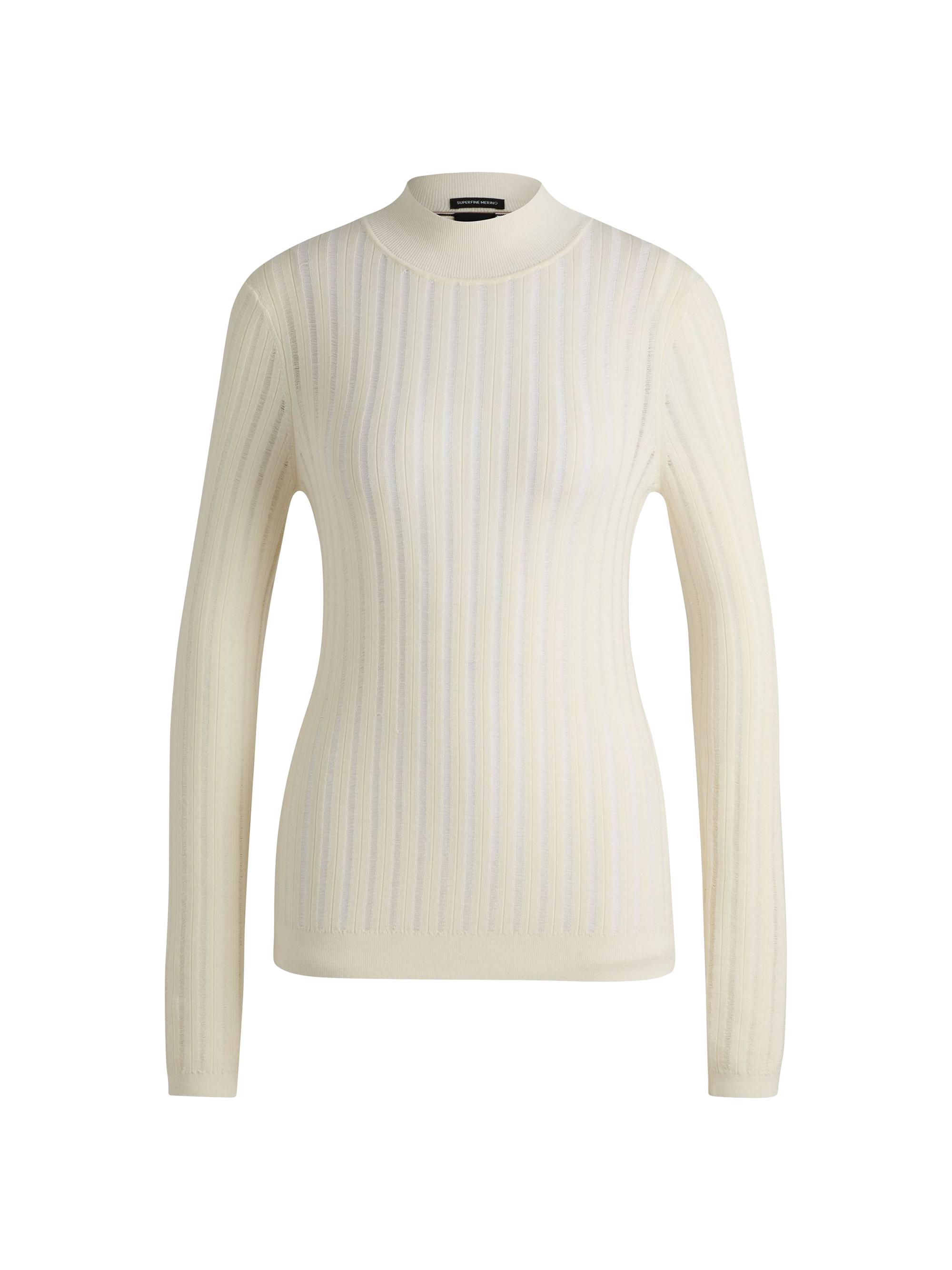 BOSS Women's Wool Sweater with Structured Stripes - Natural