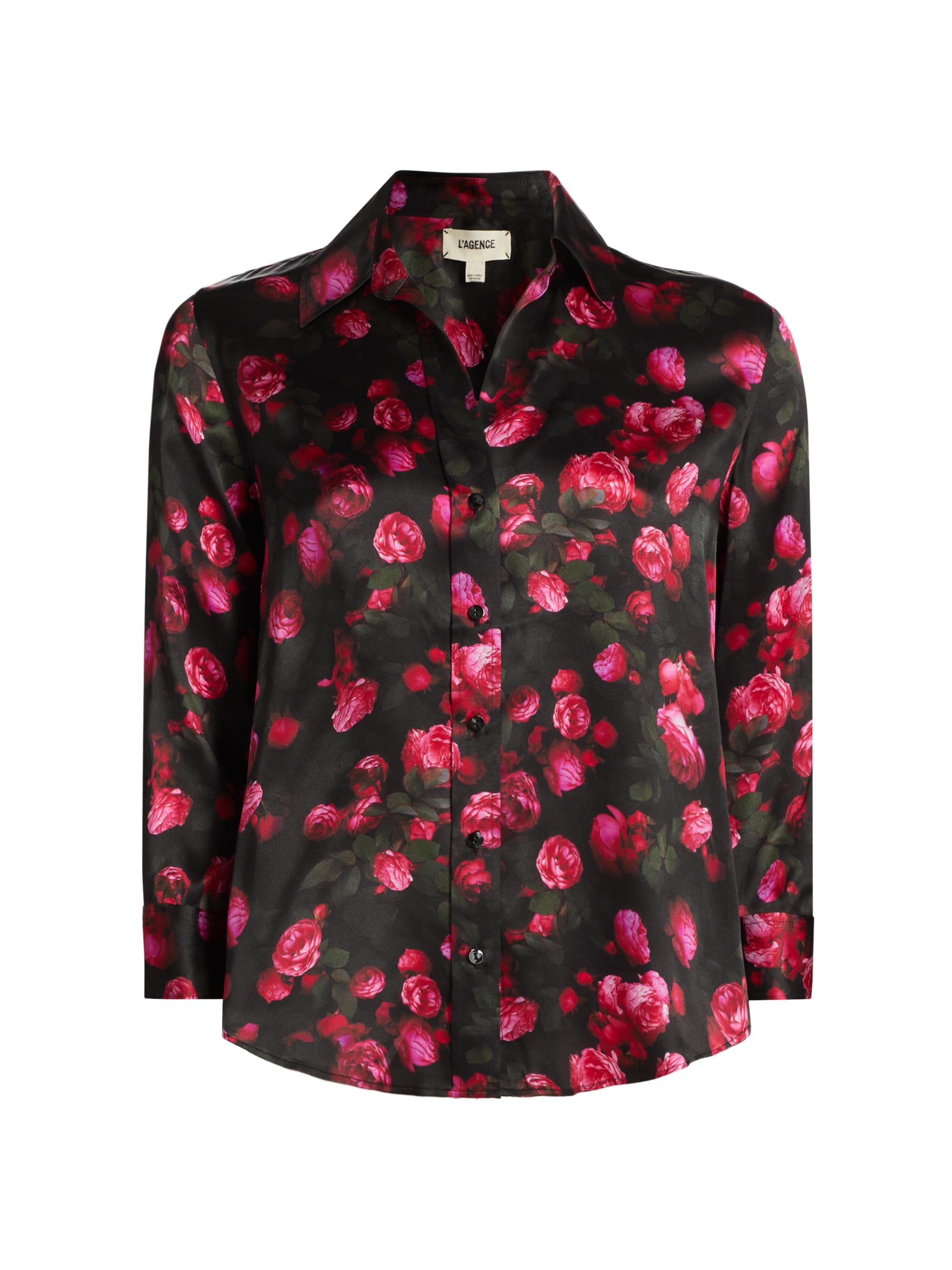 L'AGENCE Women's Dani Floral Silk Button-Front Blouse - Black Pink Rosa Chinensis