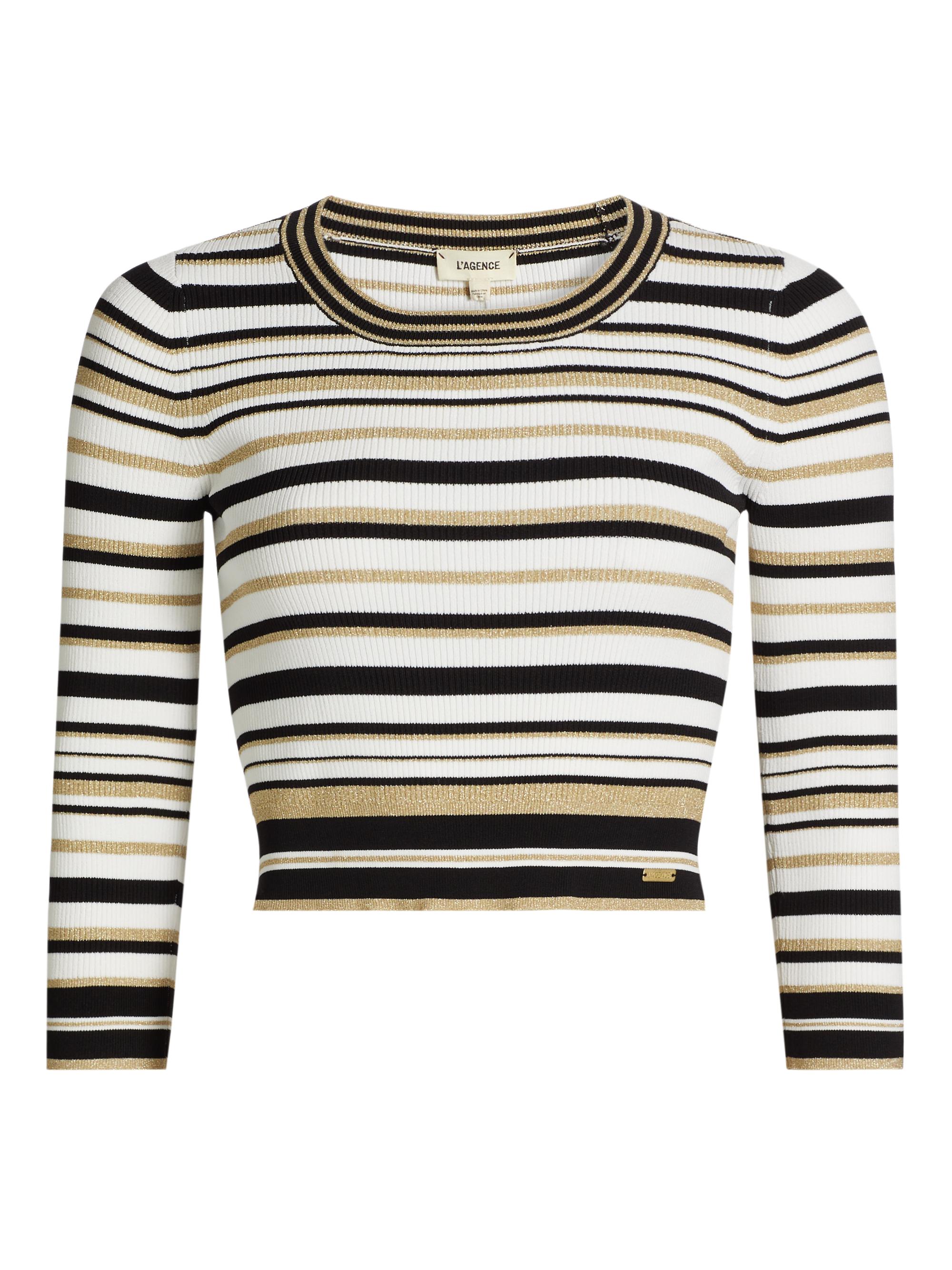 L'AGENCE Women's Yukio Striped Crop Sweater - White Black Gold Stripe