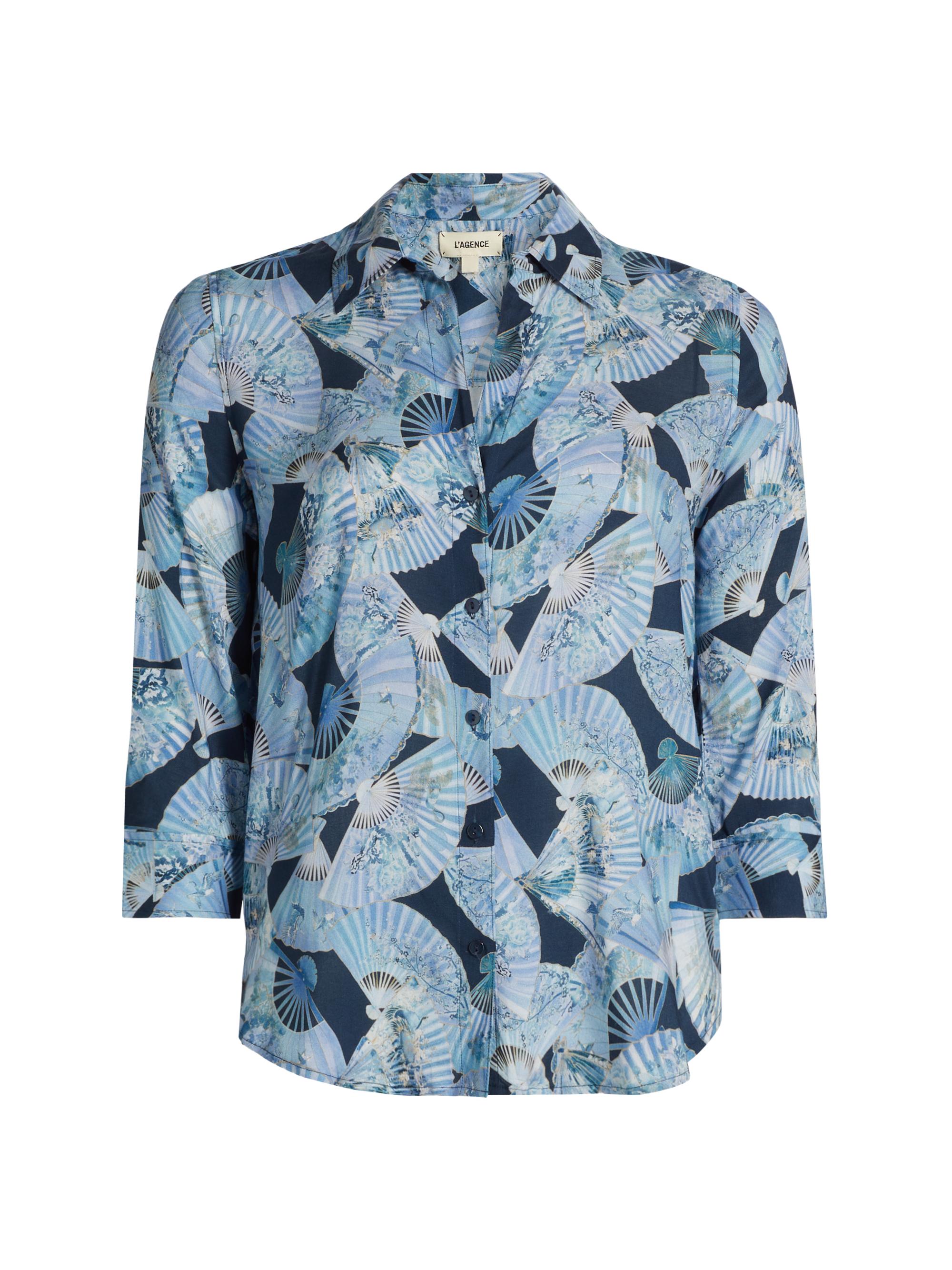 L'AGENCE Women's Camille Abstract Fan Print Three-Quarter-Length-Sleeve Shirt - Blue Multi