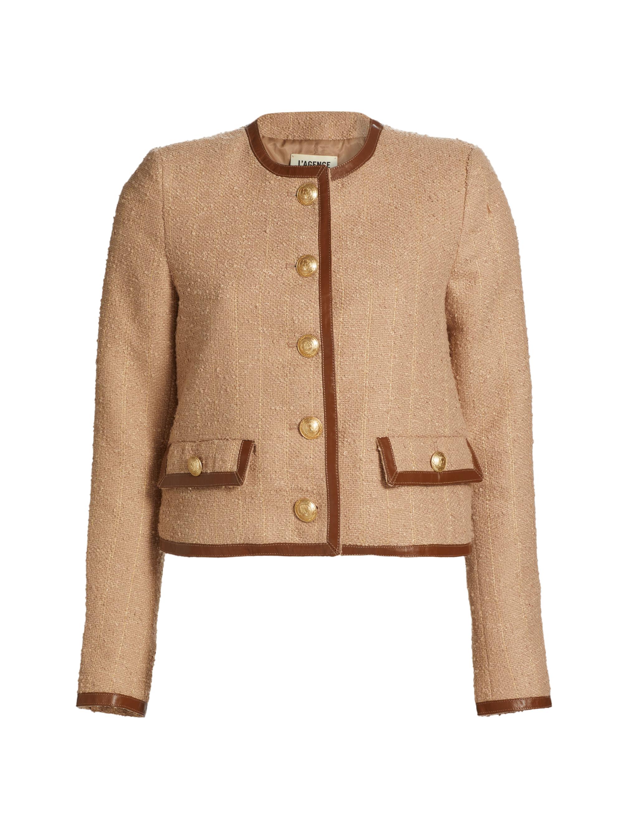 L'AGENCE Zaya Faux Leather-Trim Tweed Collarless Jacket | Saks
