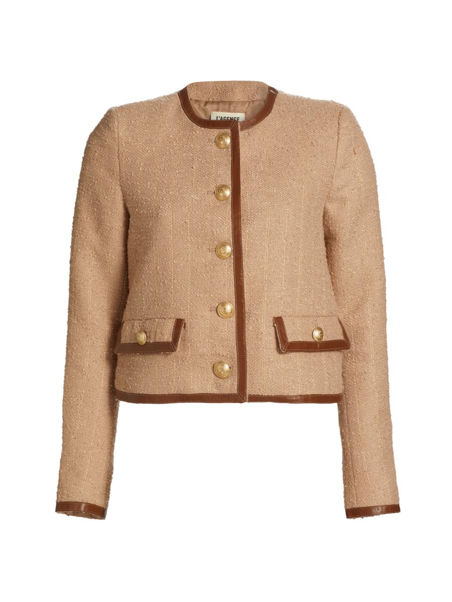 L'AGENCE Zaya Faux Leather-Trim Tweed Collarless Jacket