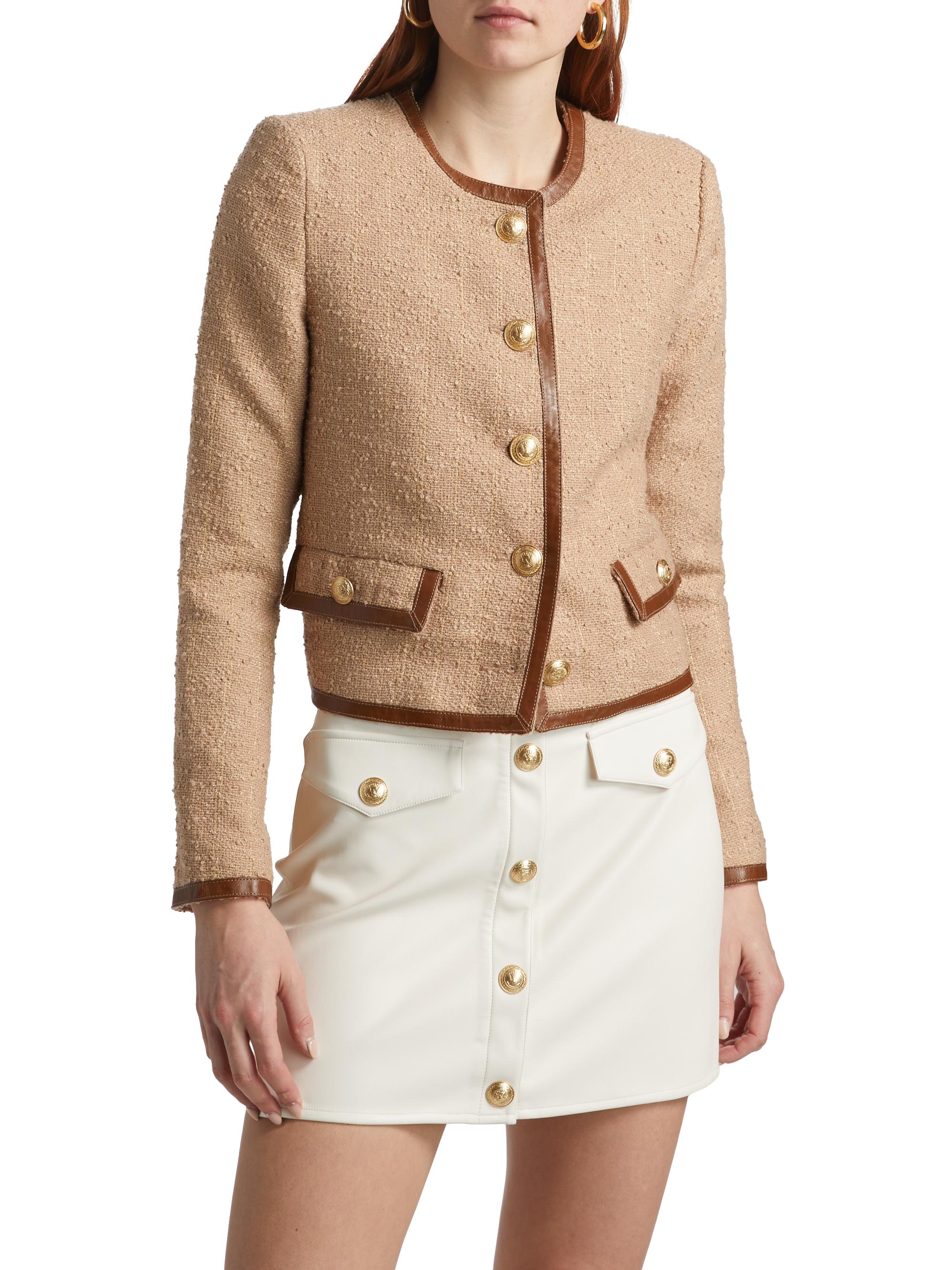 L'AGENCE Zaya Faux Leather-Trim Tweed Collarless Jacket | Saks