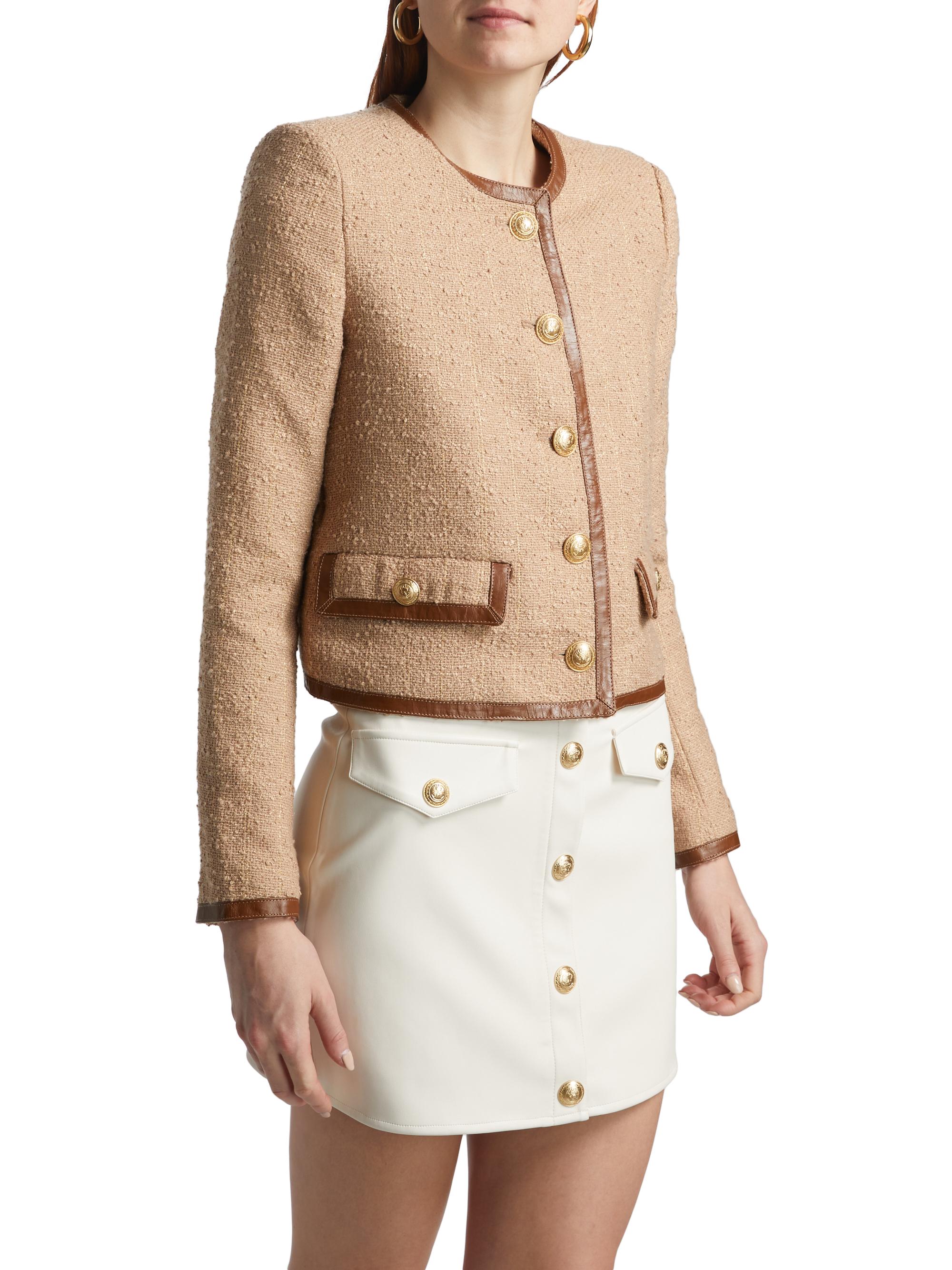 L'AGENCE Zaya Faux Leather-Trim Tweed Collarless Jacket | Saks