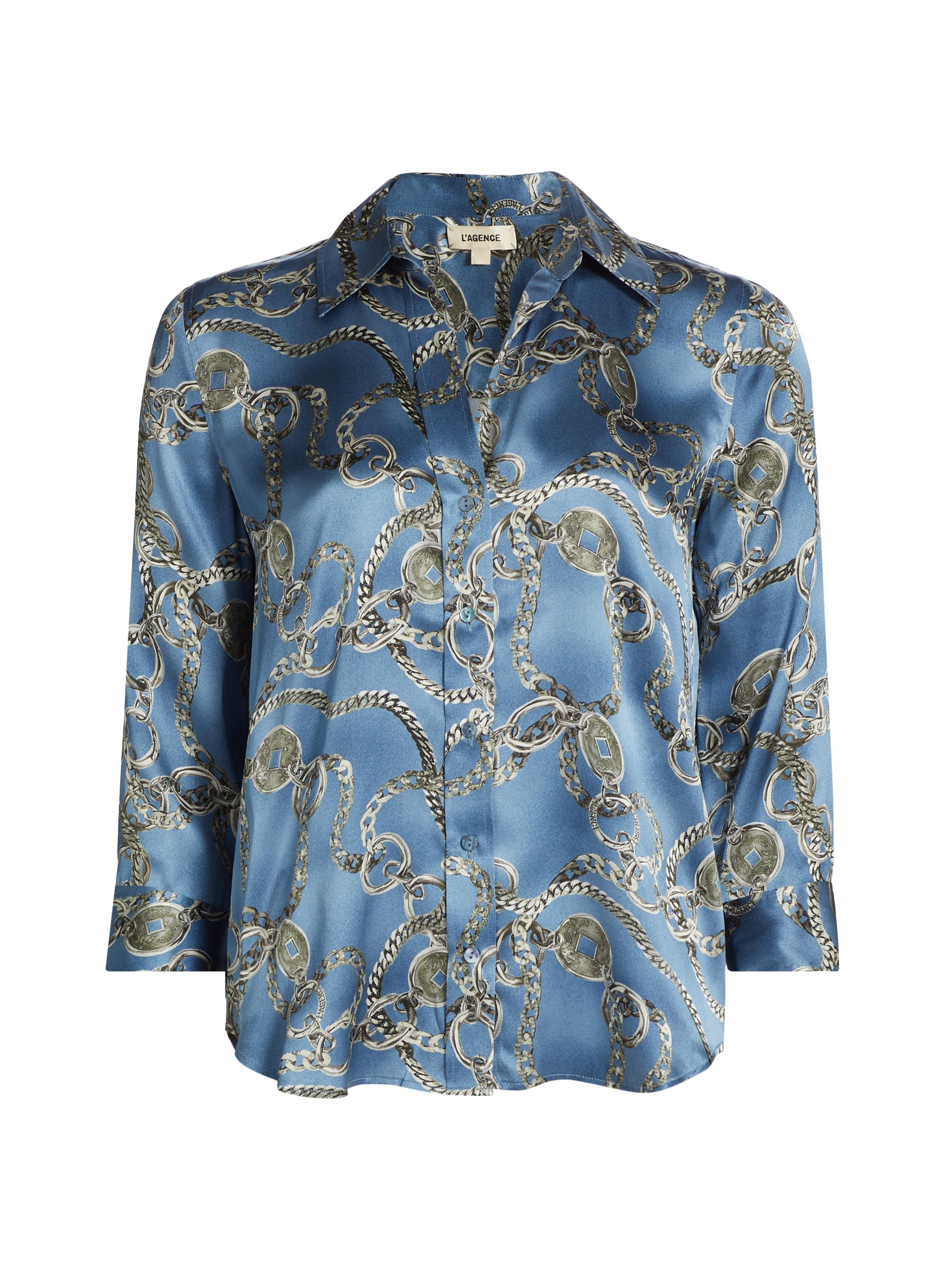 L'AGENCE Women's Dani Chainlink Print Silk Button-Front Blouse - Blue Horizon Silver