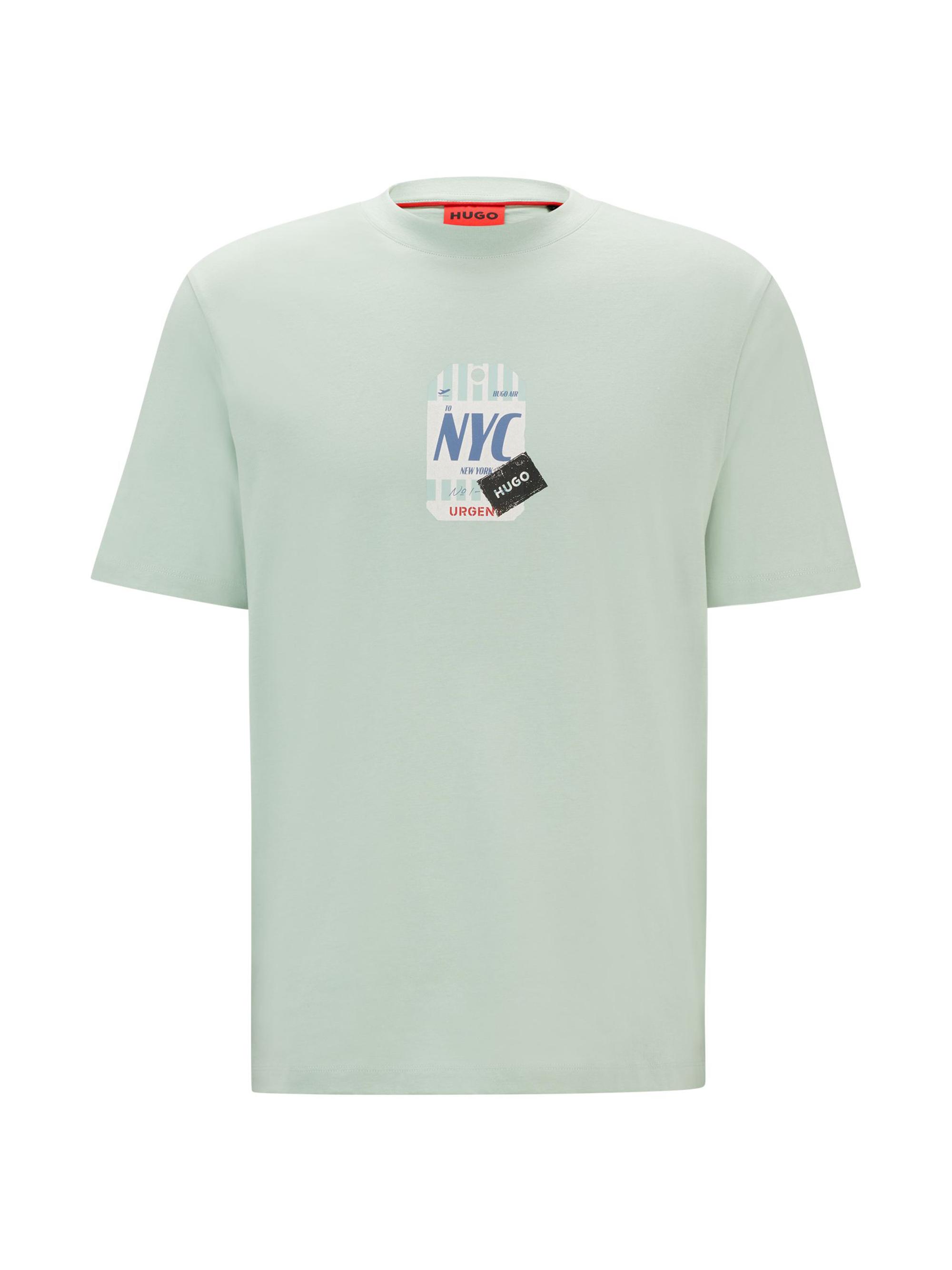 HUGO Men's Cotton-Jersey T-Shirt with Travel-Tag Artwork - Light Green