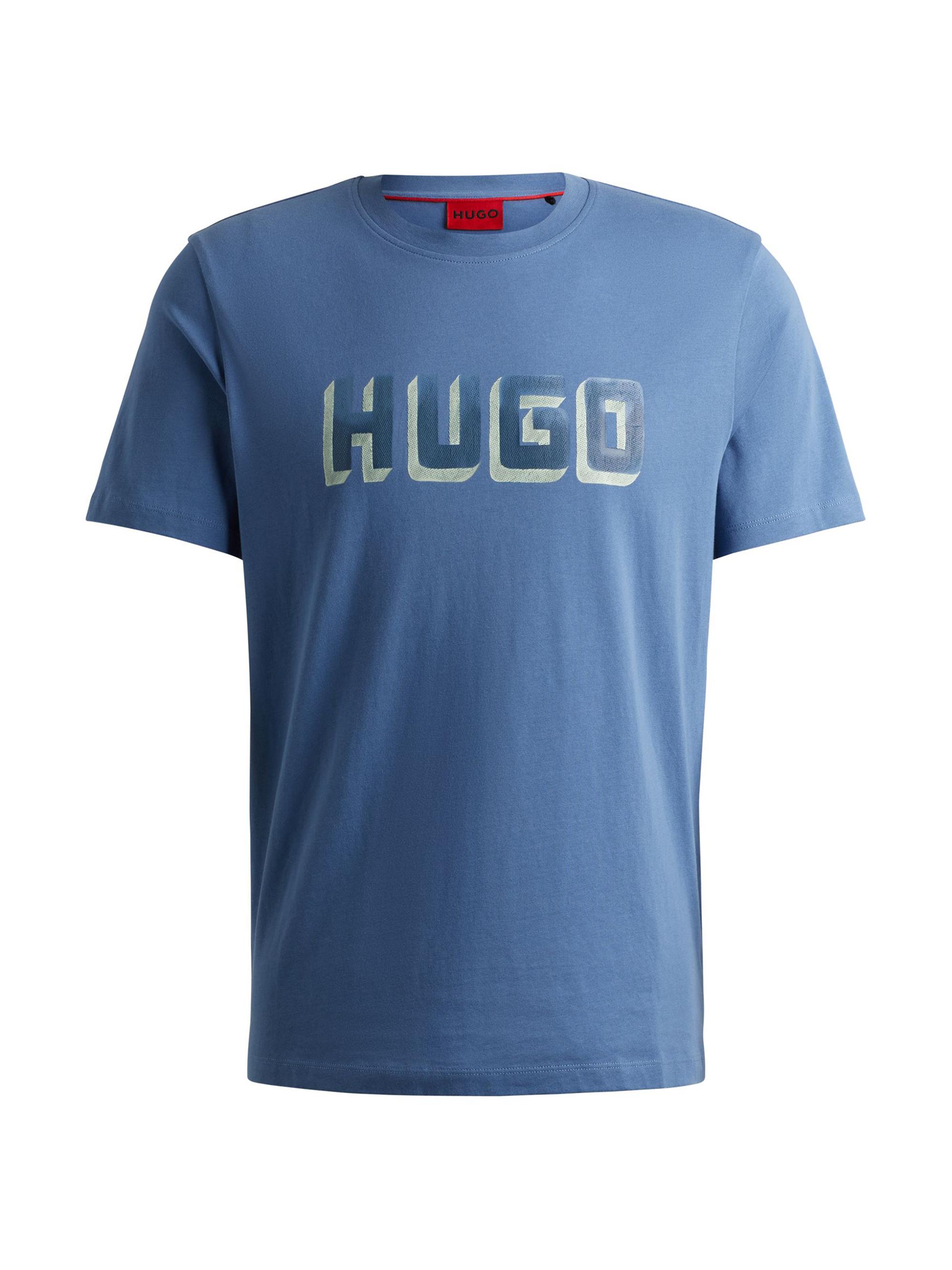 HUGO Men's Cotton-Jersey T-Shirt with Logo Print - Blue