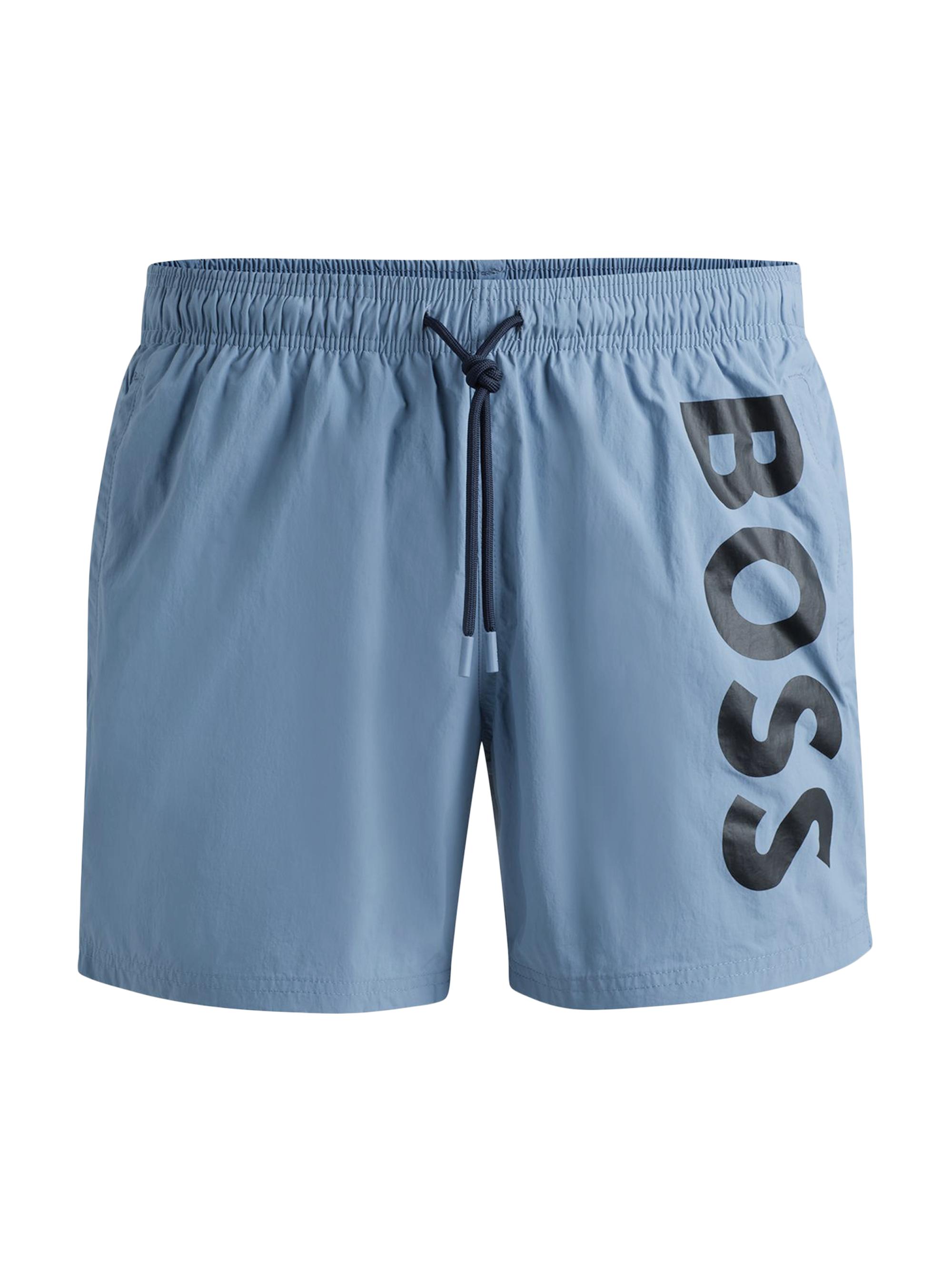 BOSS Men's Fully Lined Swim Shorts with Logo Print - Blue