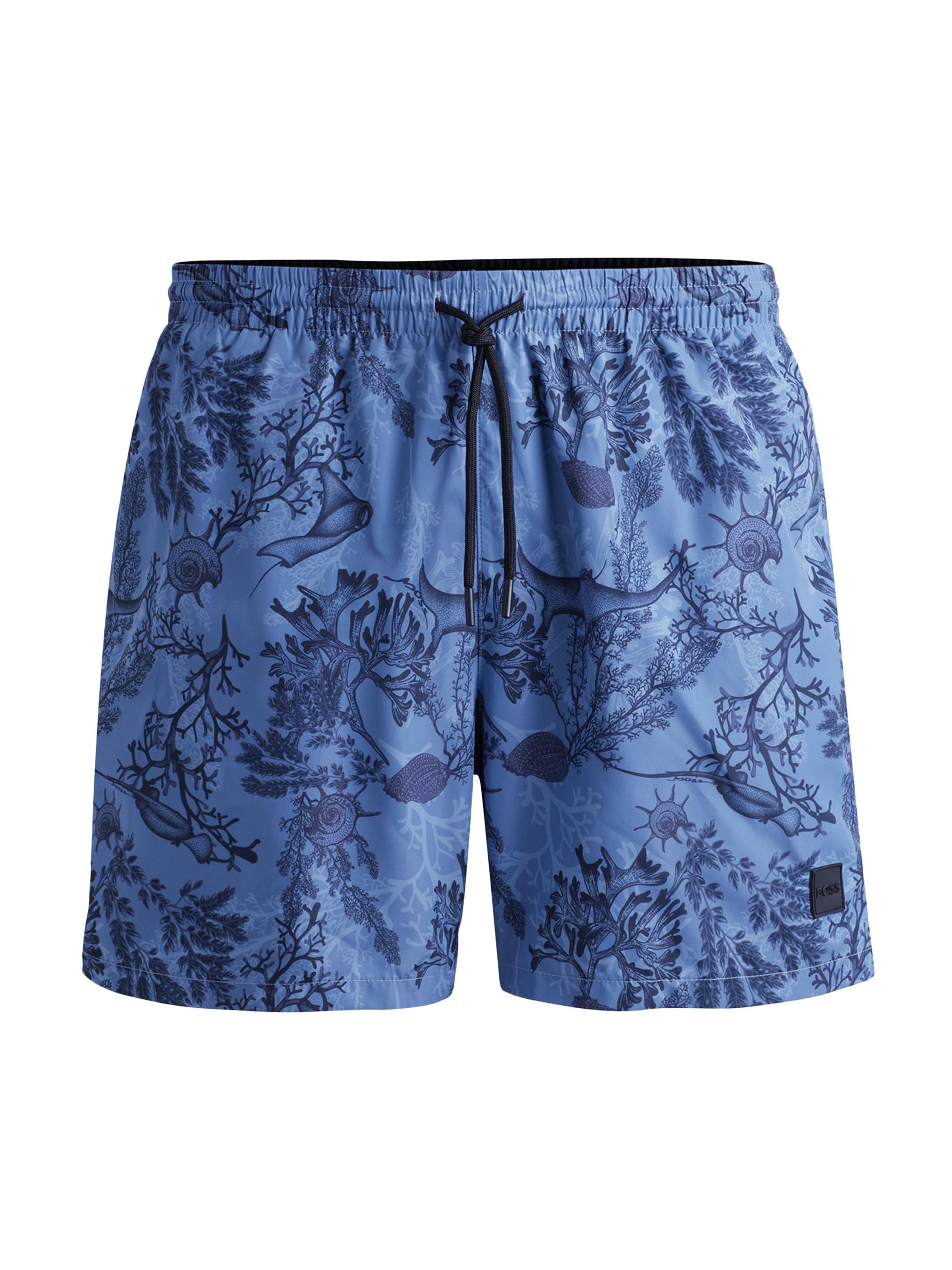 BOSS Men's Logo-Badge Swim Shorts with Seasonal Print - Blue