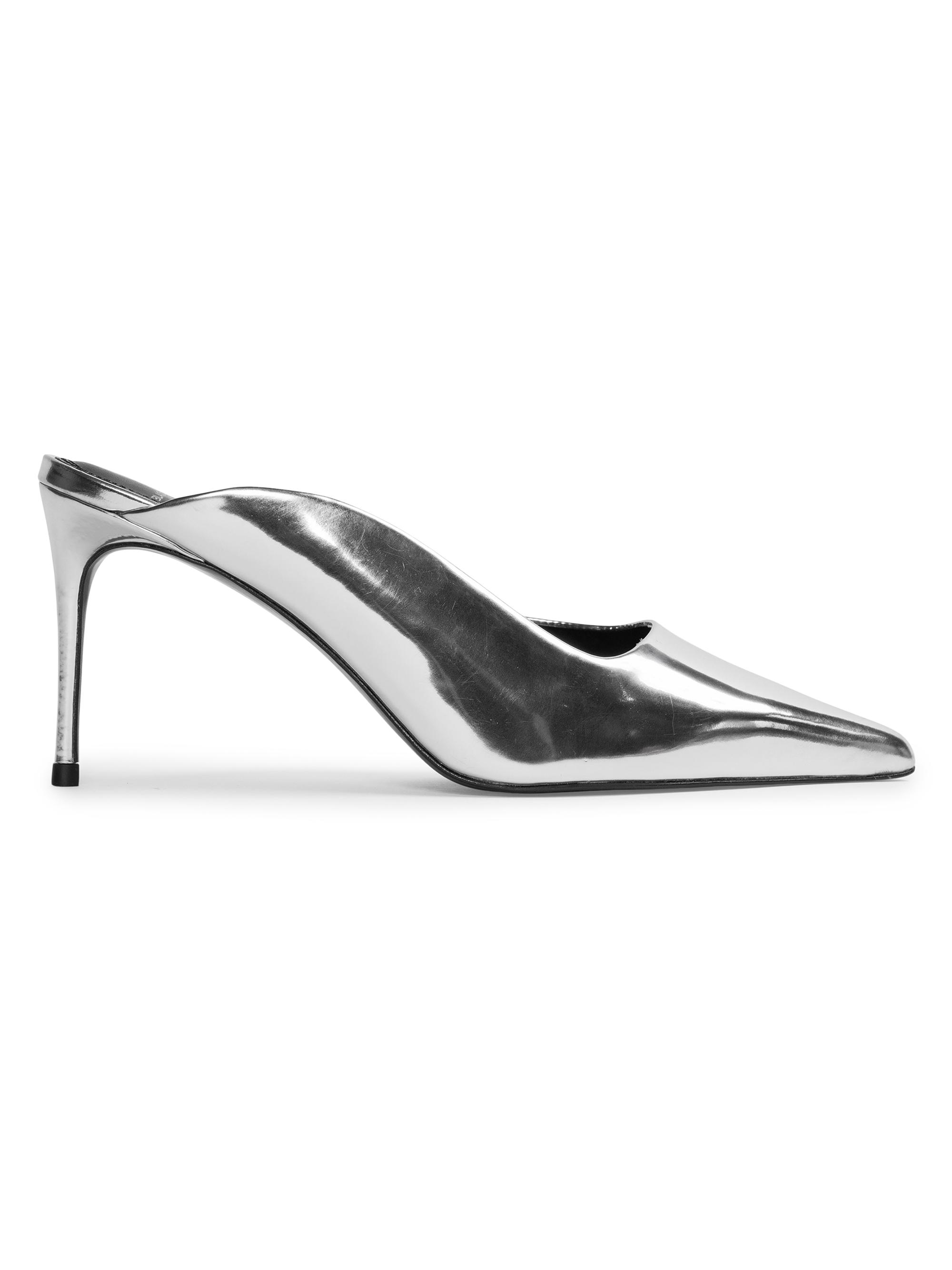Black Suede Studio Women's Icon 80MM Metallic Mules - Silver Mirror Metallic