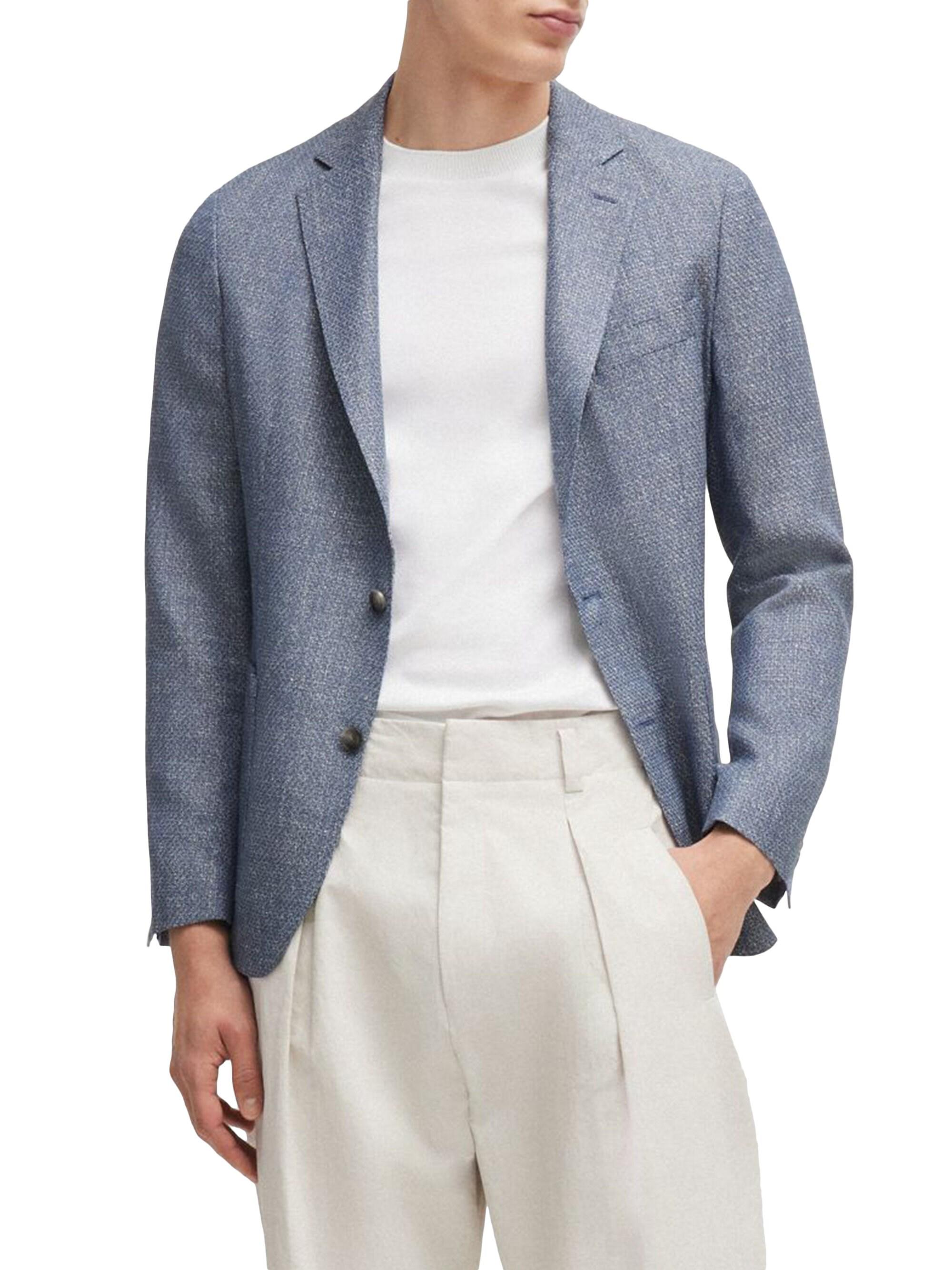 BOSS Men's Slim-Fit Jacket in Patterned Virgin Wool and Linen - Blue