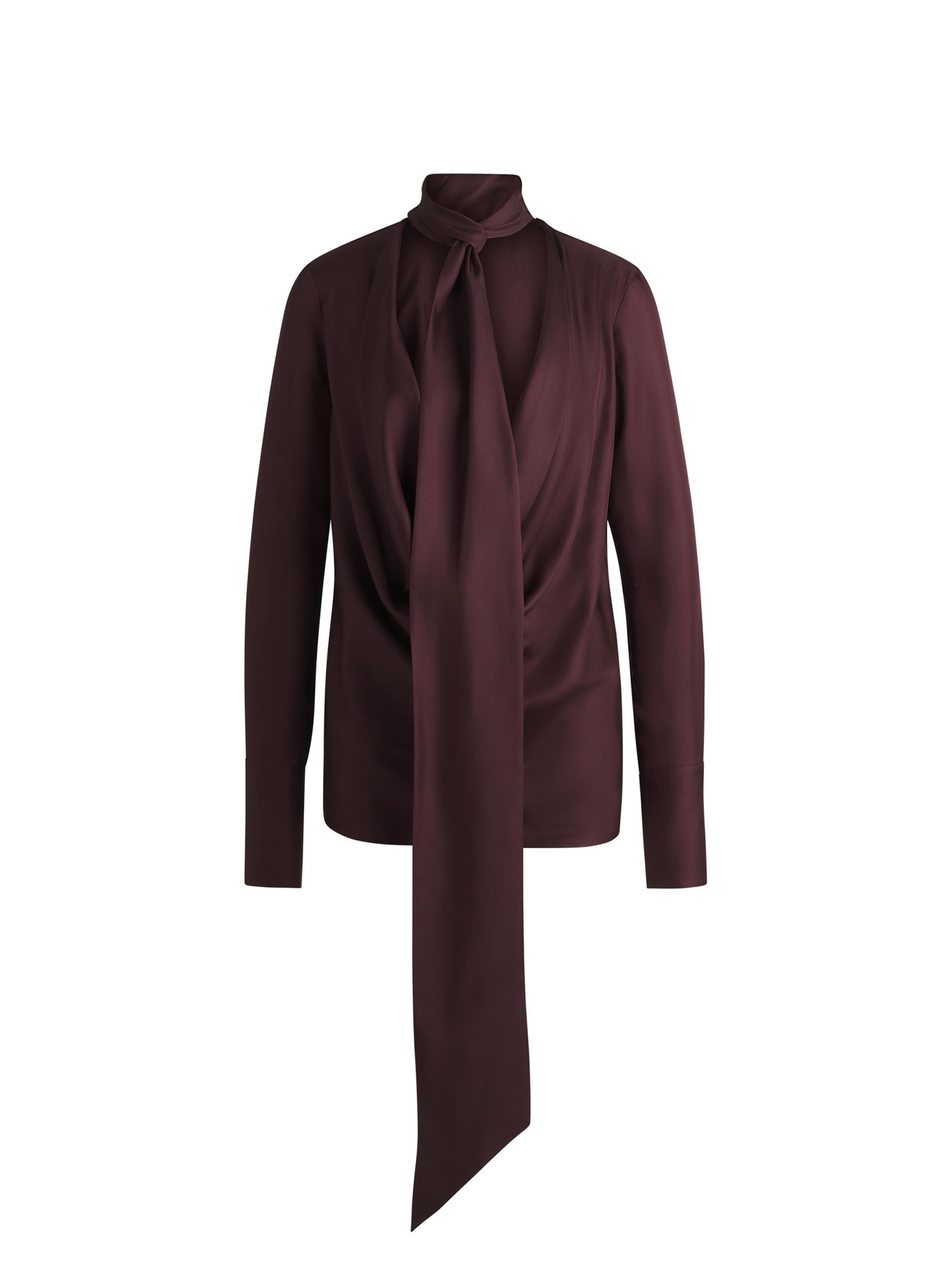 BOSS Women's Regular-Fit Blouse in Silk Twill with Scarf Neckline - Burgundy
