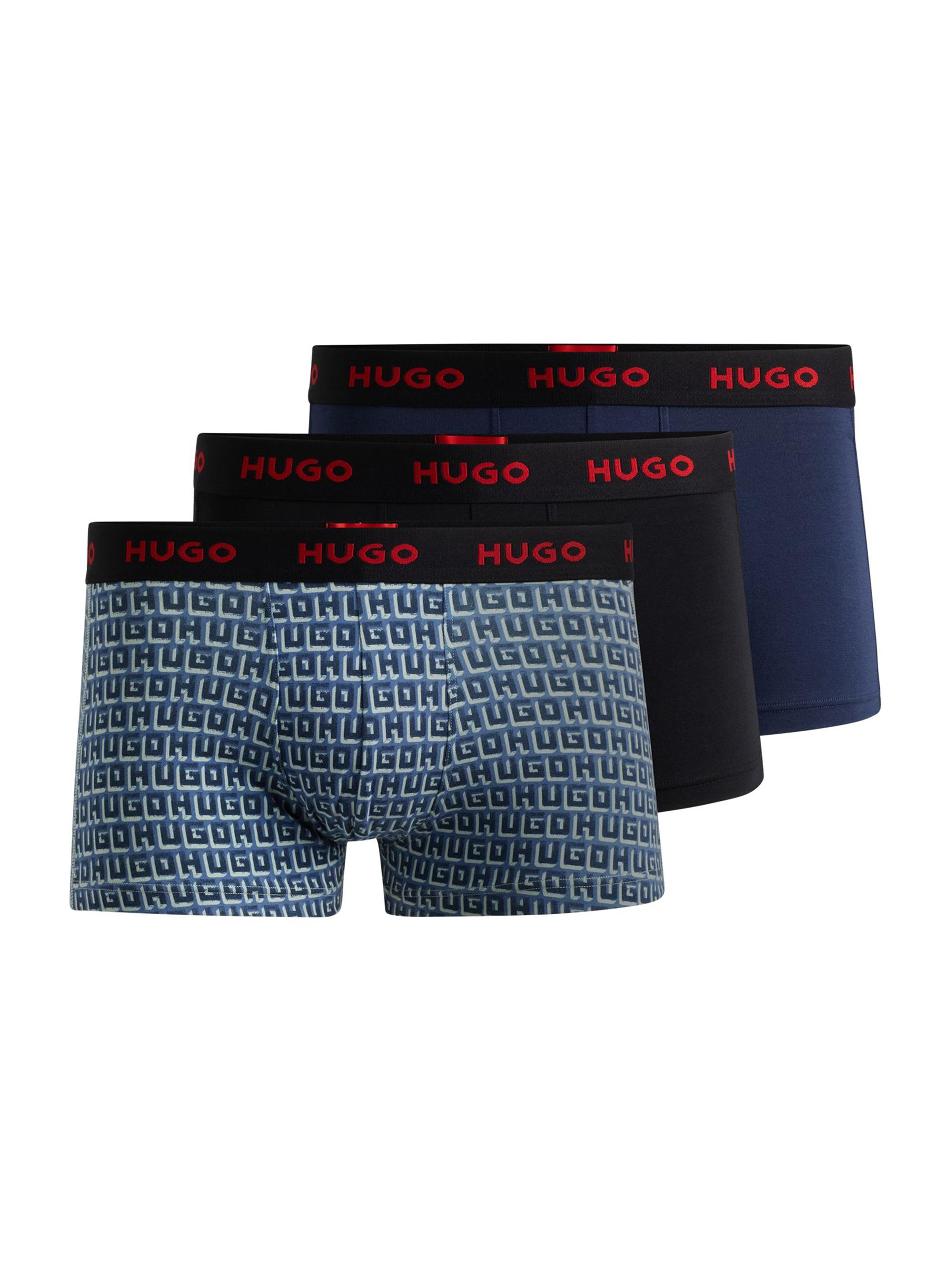 HUGO Men's Three-Pack of Stretch-Cotton Trunks with Logo Waistbands - Patterned