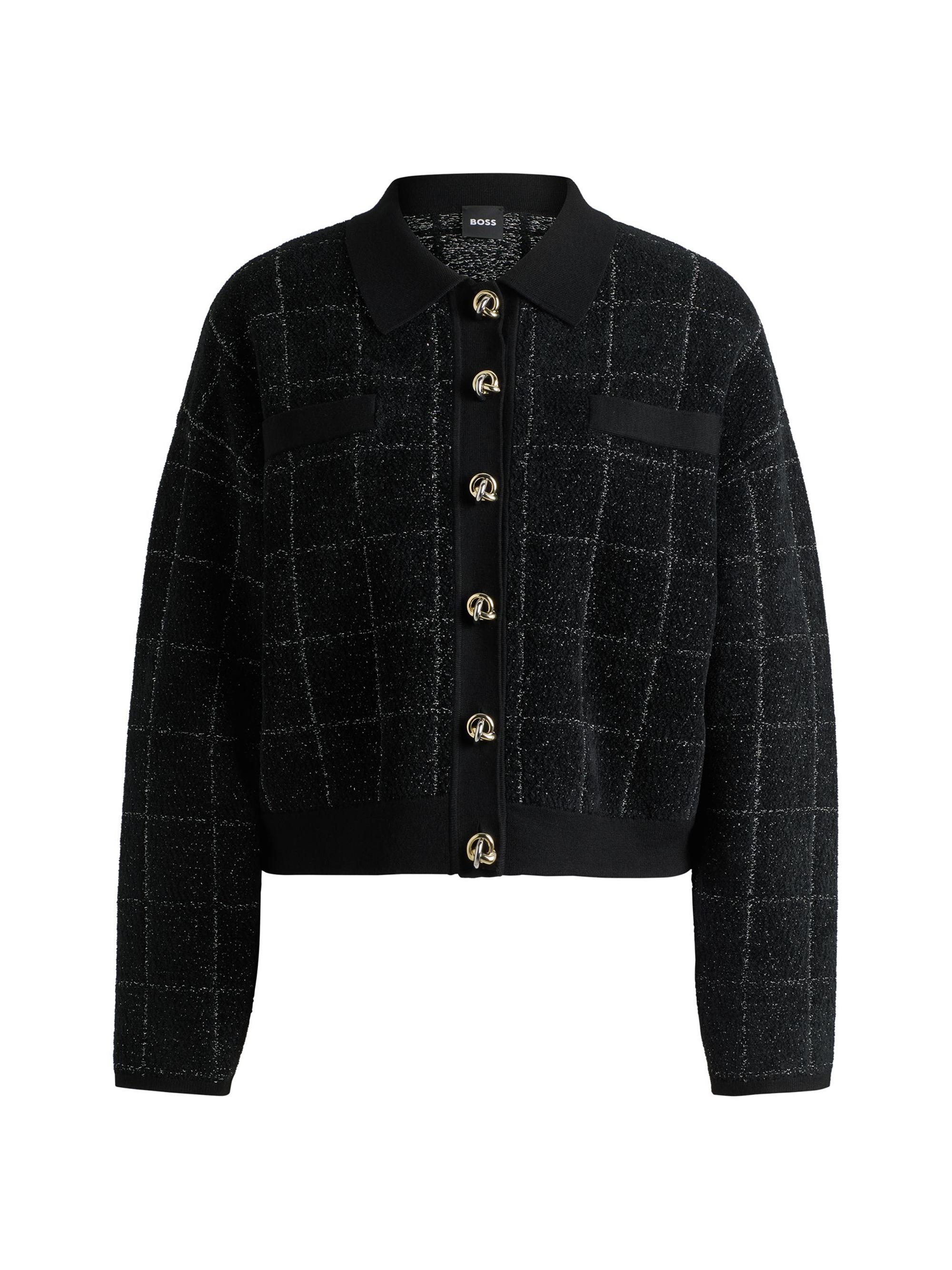 BOSS Women's Cropped Jacket in Sparkle Tweed with Feature Buttons - Black