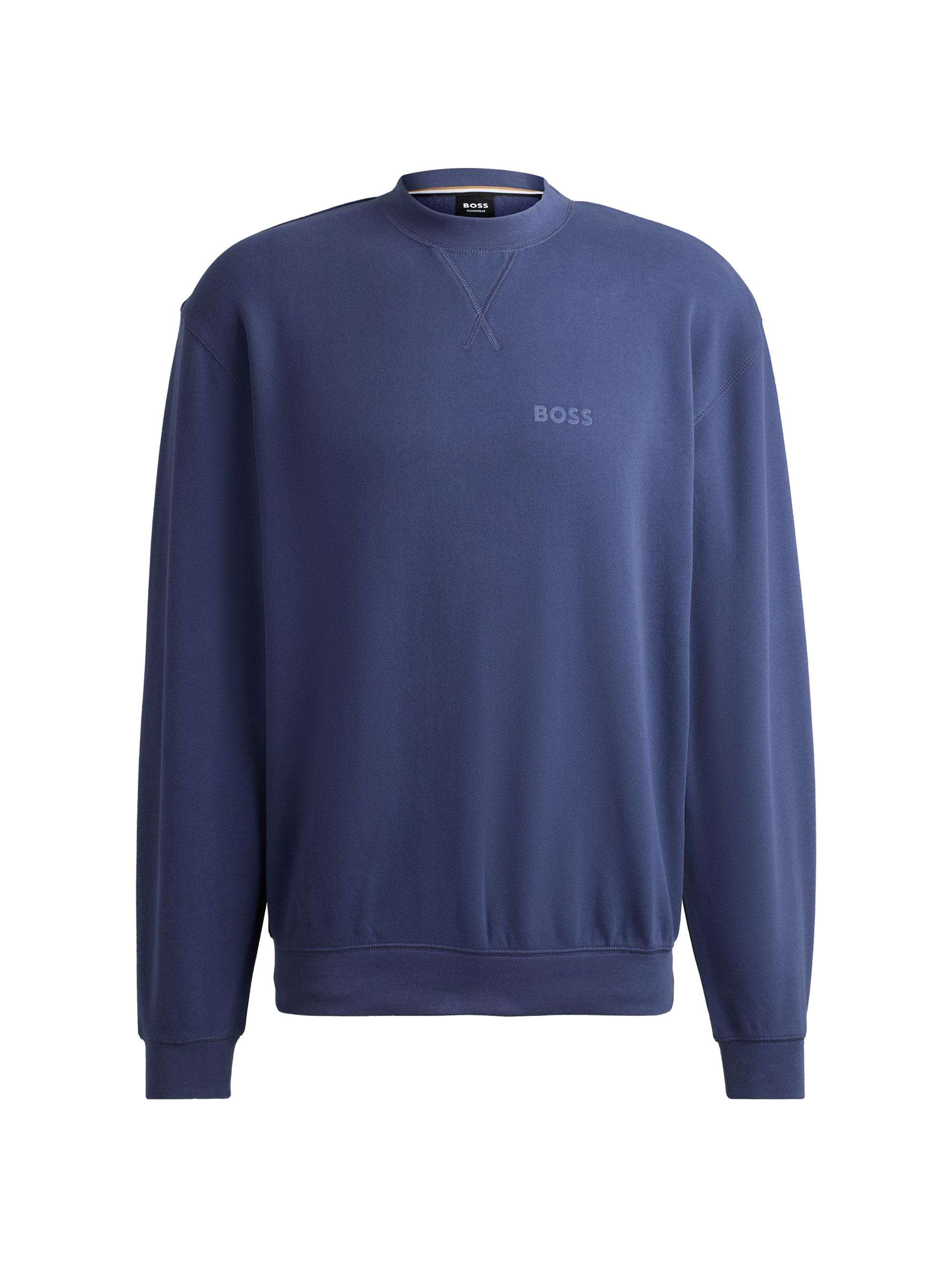 BOSS Men's Cotton-Terry Relaxed-Fit Sweatshirt with Flocked Logo - Blue