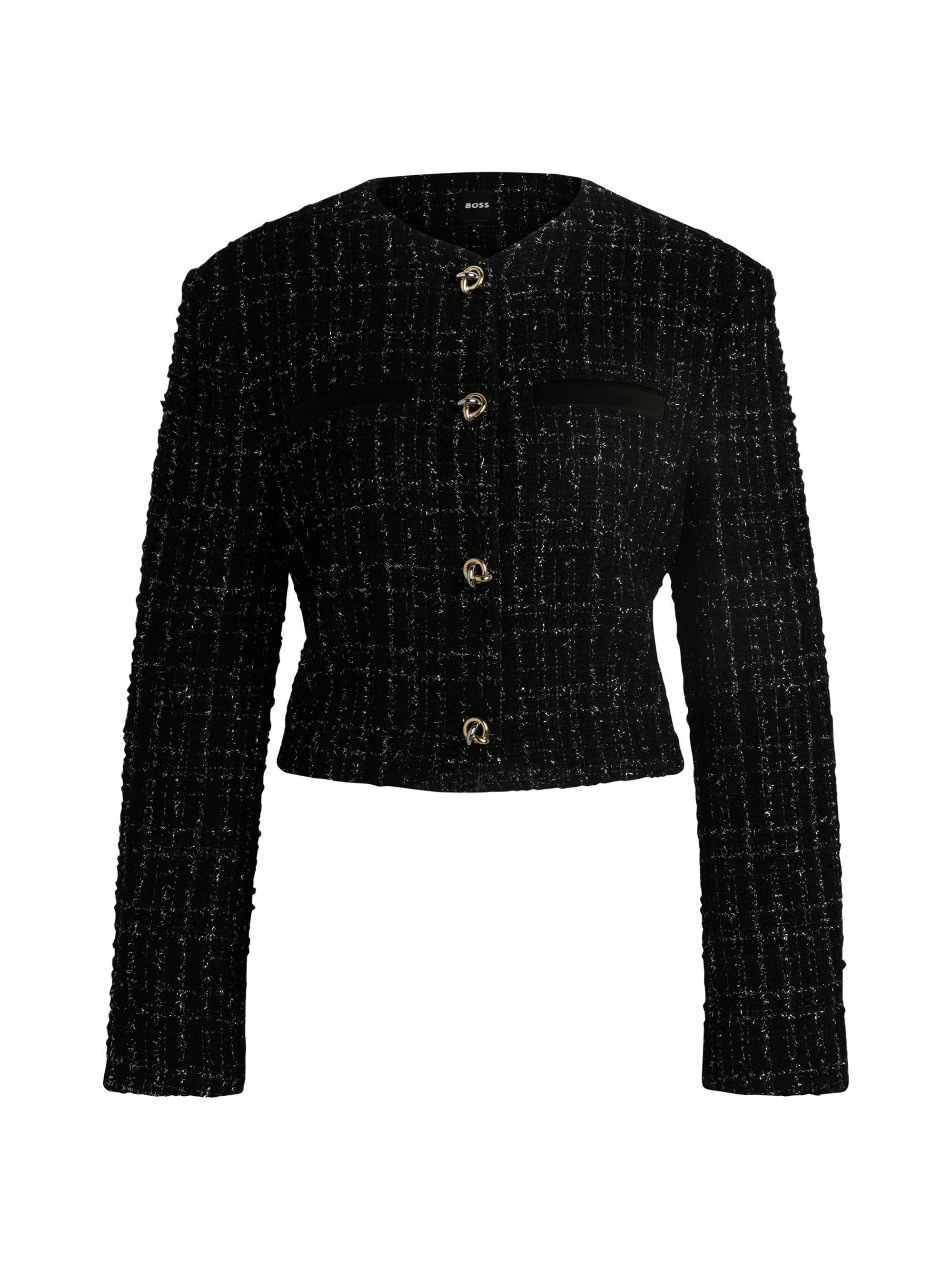 BOSS Women's Collarless Jacket in Sparkle-Effect Tweed - Black