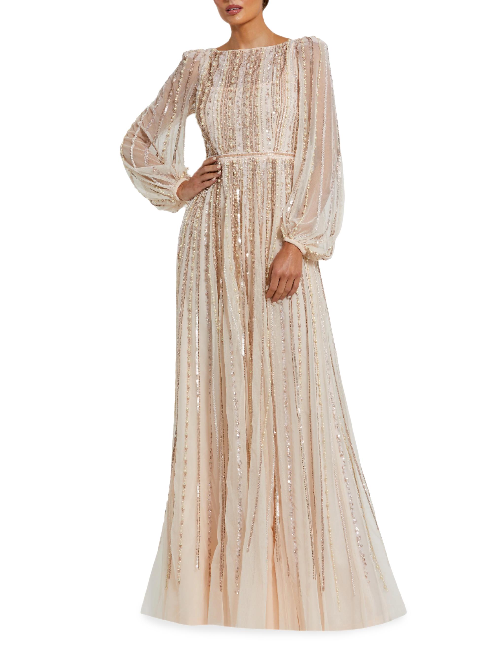 Mac Duggal Women's Striped Beaded Chiffon Boatneck Gown - Peach