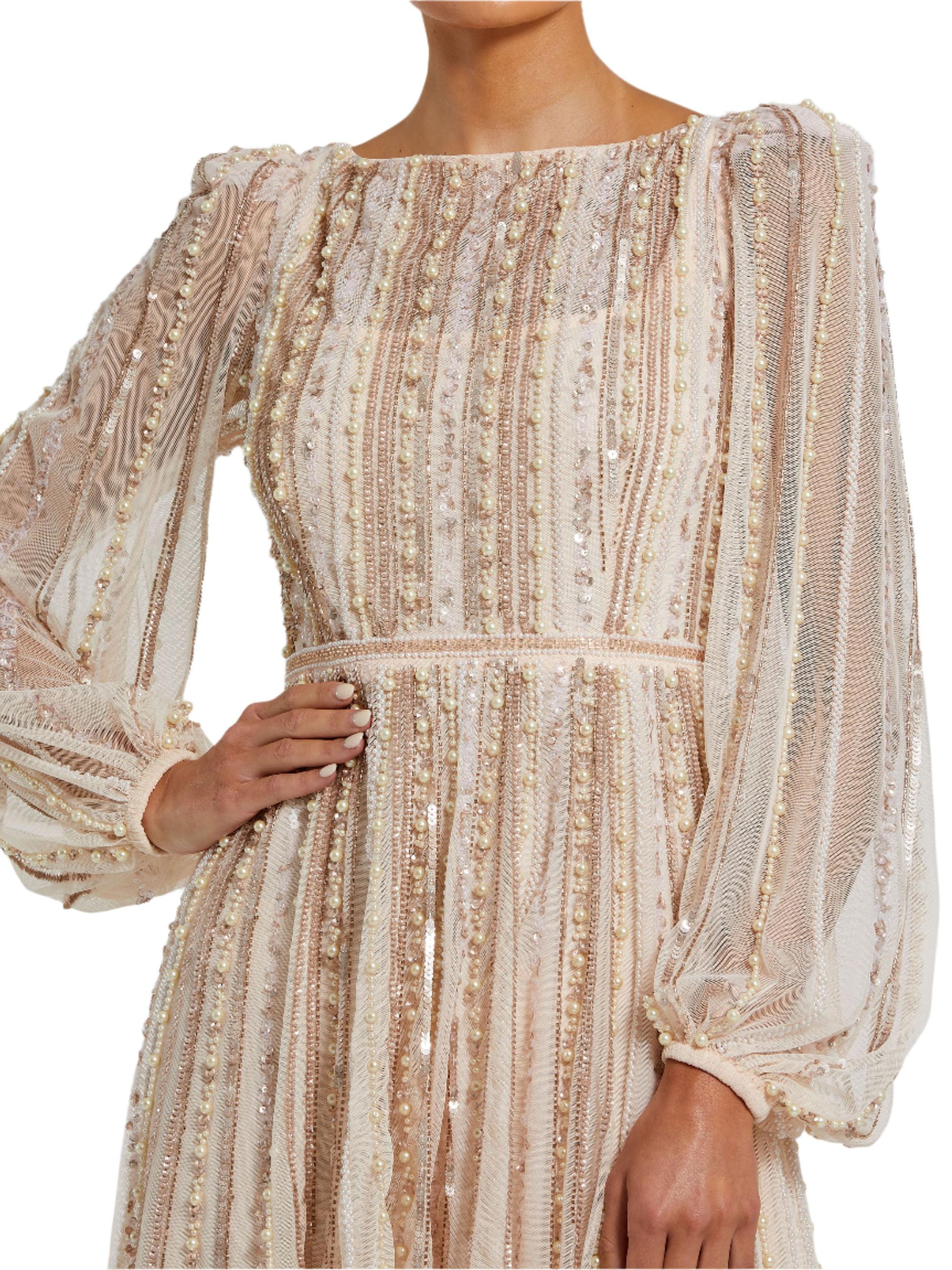 sachin and babi light blue dress Mac Duggal Boat Neck Long Sleeve Beaded Gown