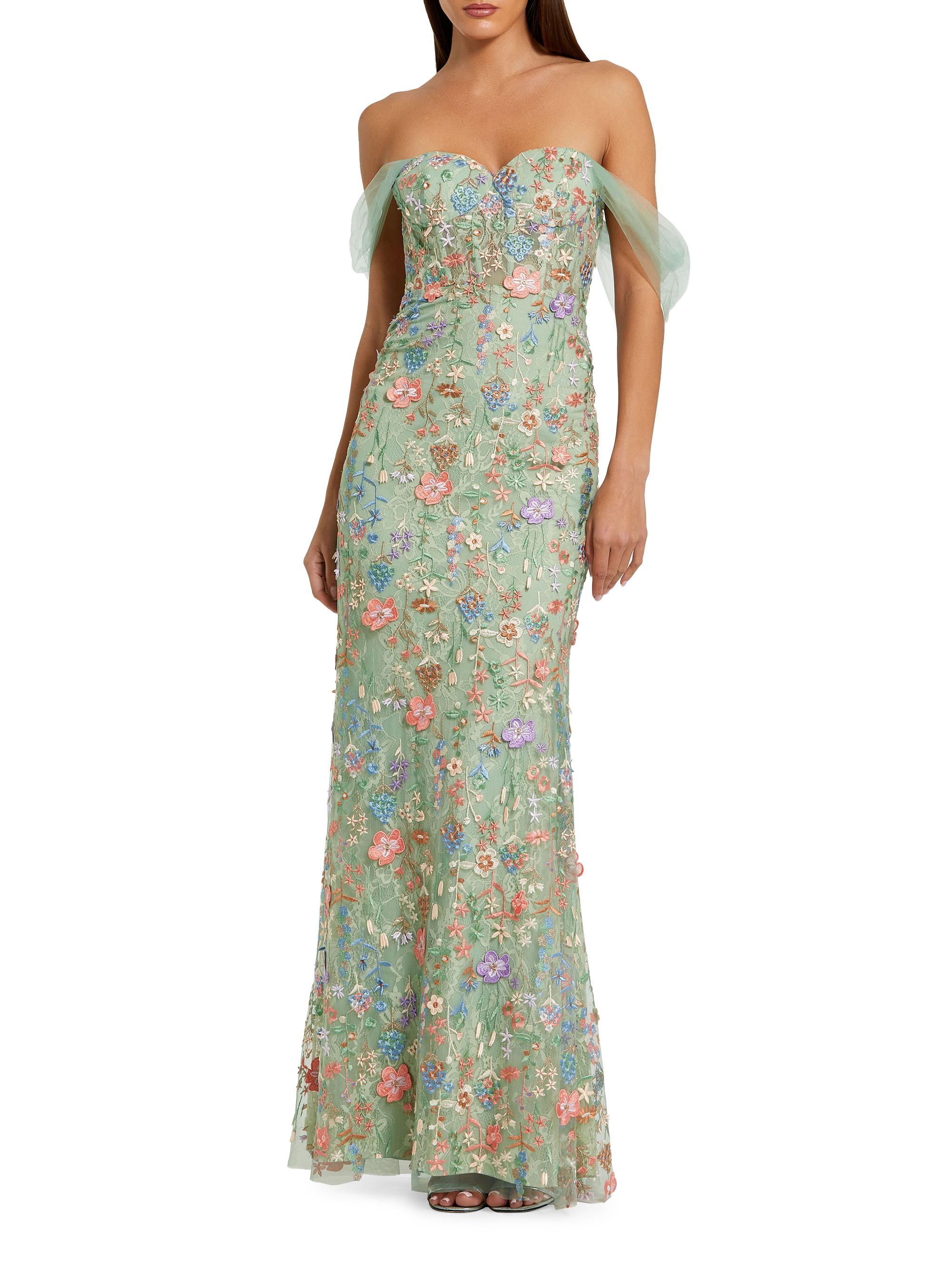 Mac Duggal Women's Seasonless Embroidered Tulle Off-The-Shoulder Bustier Gown - Sage Multi