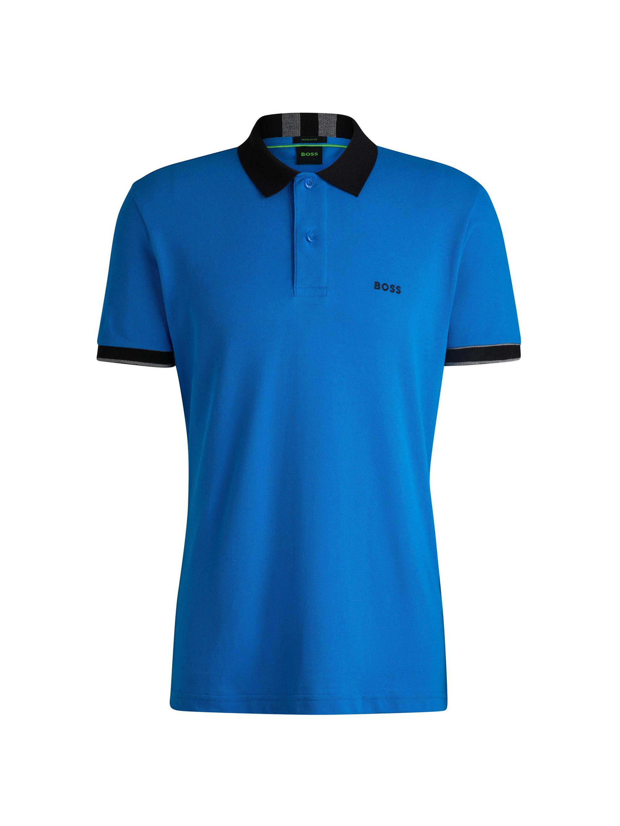 BOSS Men's Cotton Piqué Polo Shirt with Contrast Trims - Blue